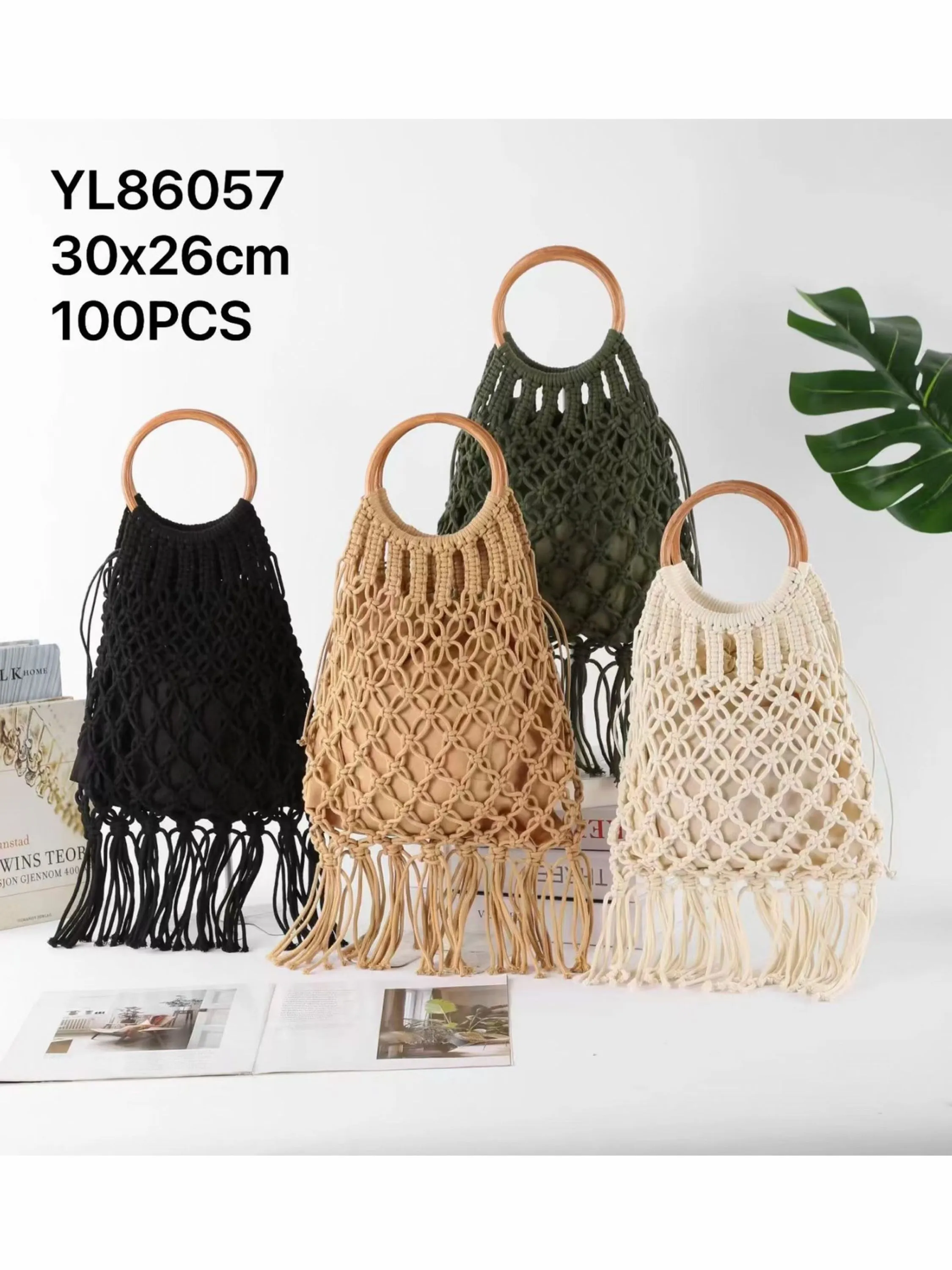 Bolsa Crochê com Alça de Madeira + Bolsa Interna 86057