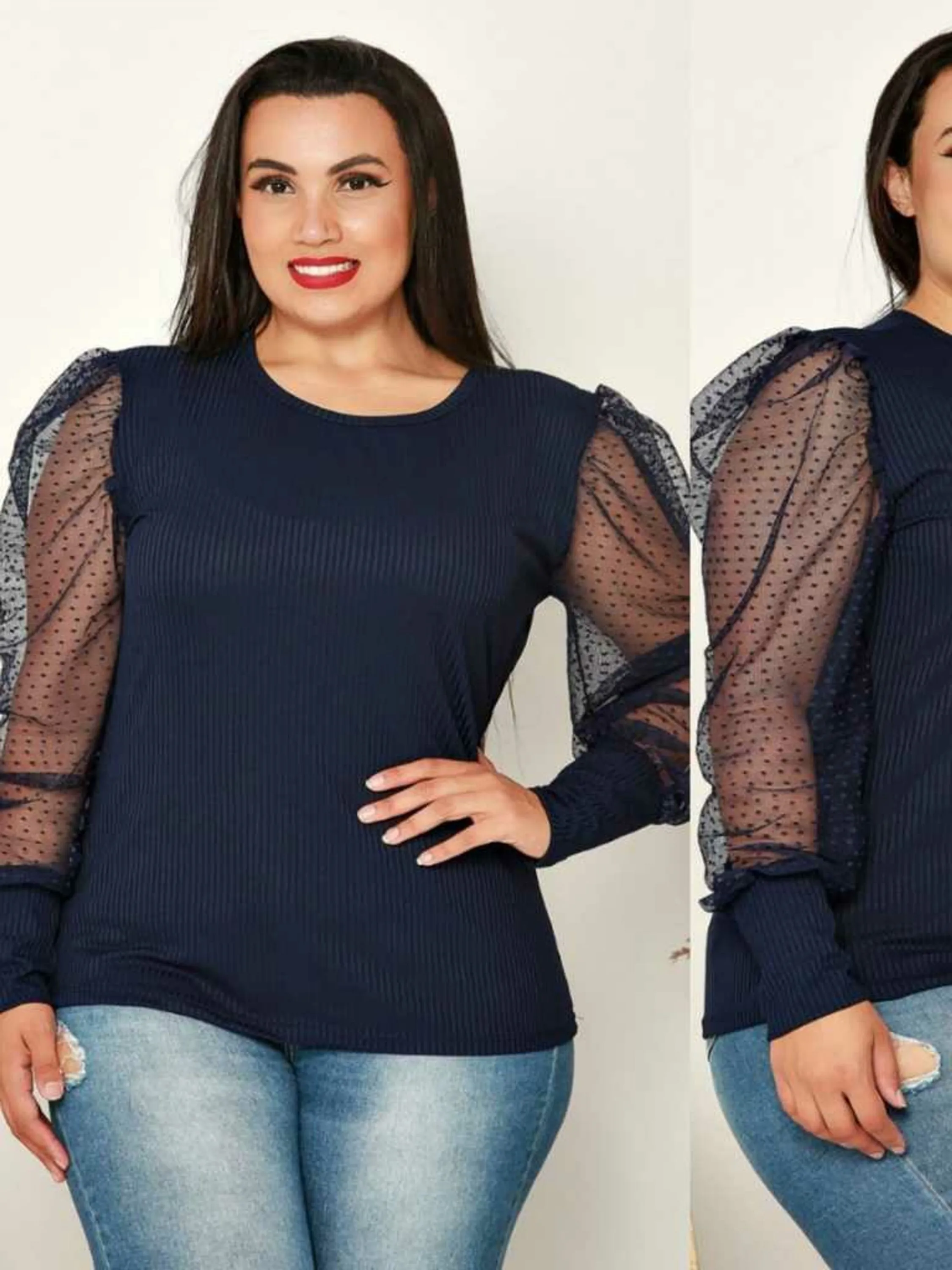 Blusa Manga tule Comprida Plus Size