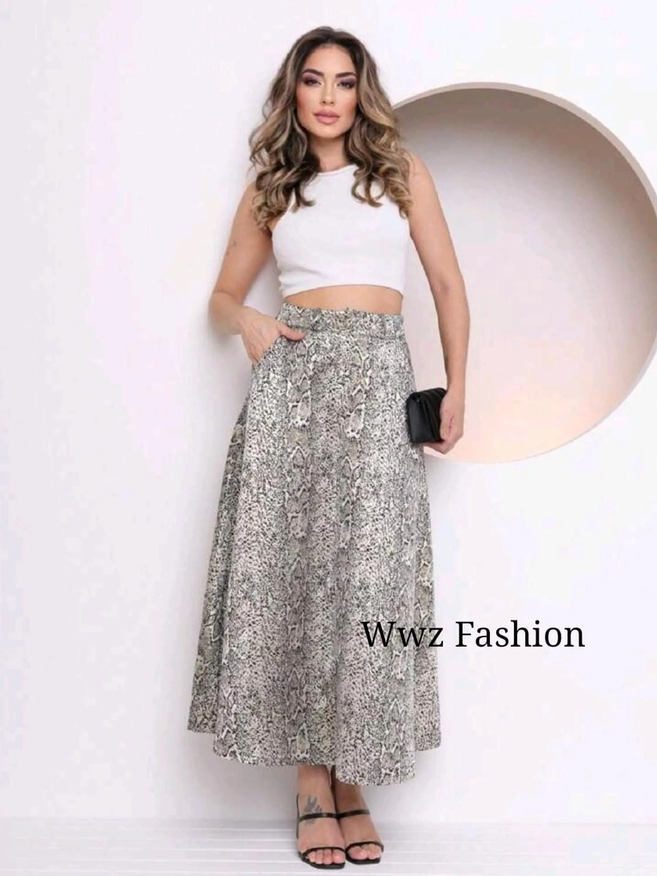 Wwz Fashion Saia Midi Brilhosa Tecido Lurex Tendencia 1402