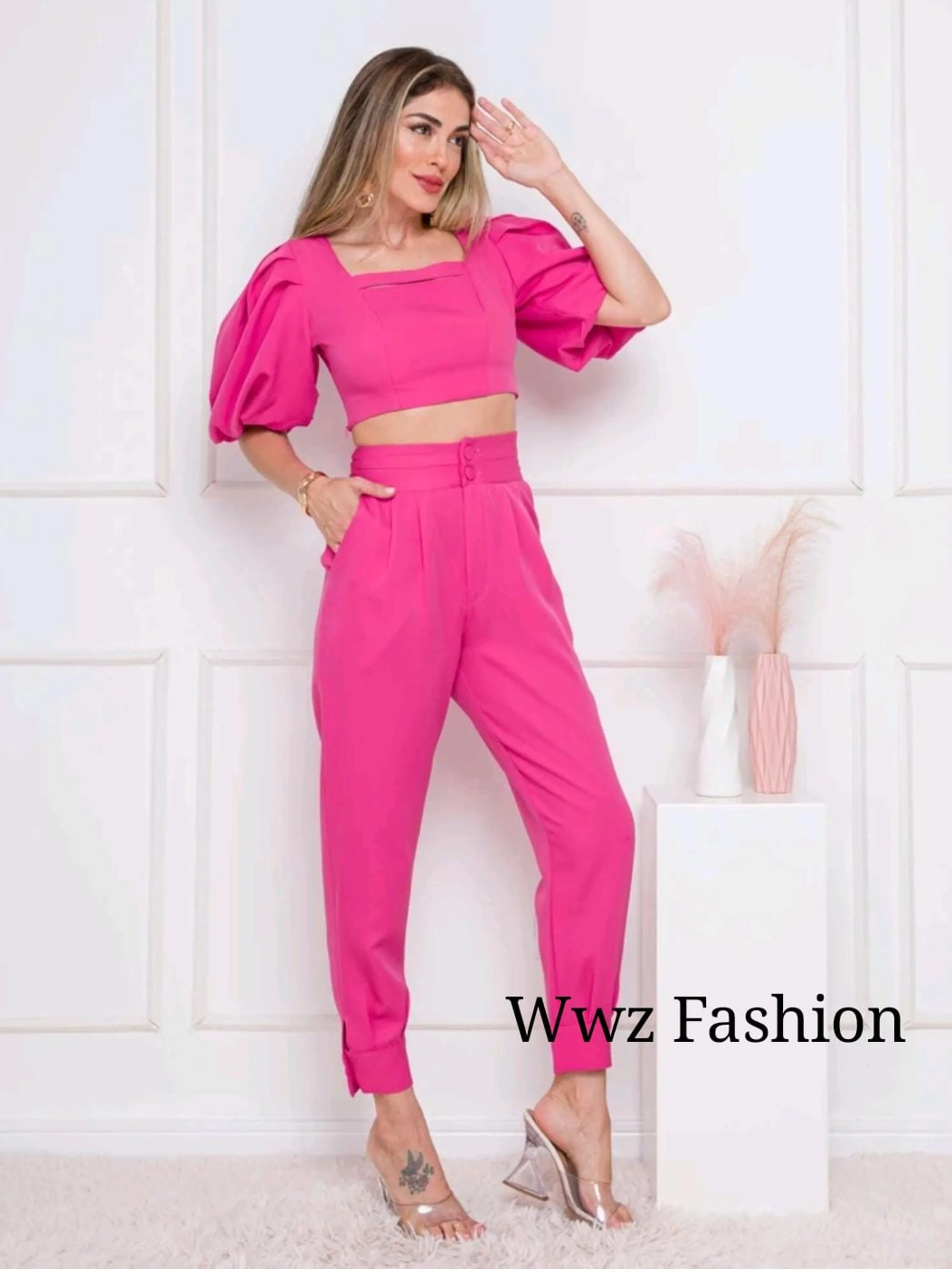 Wwz Fashion  Conjunto Feminino Alfaiataria Cropped e Calça 6404