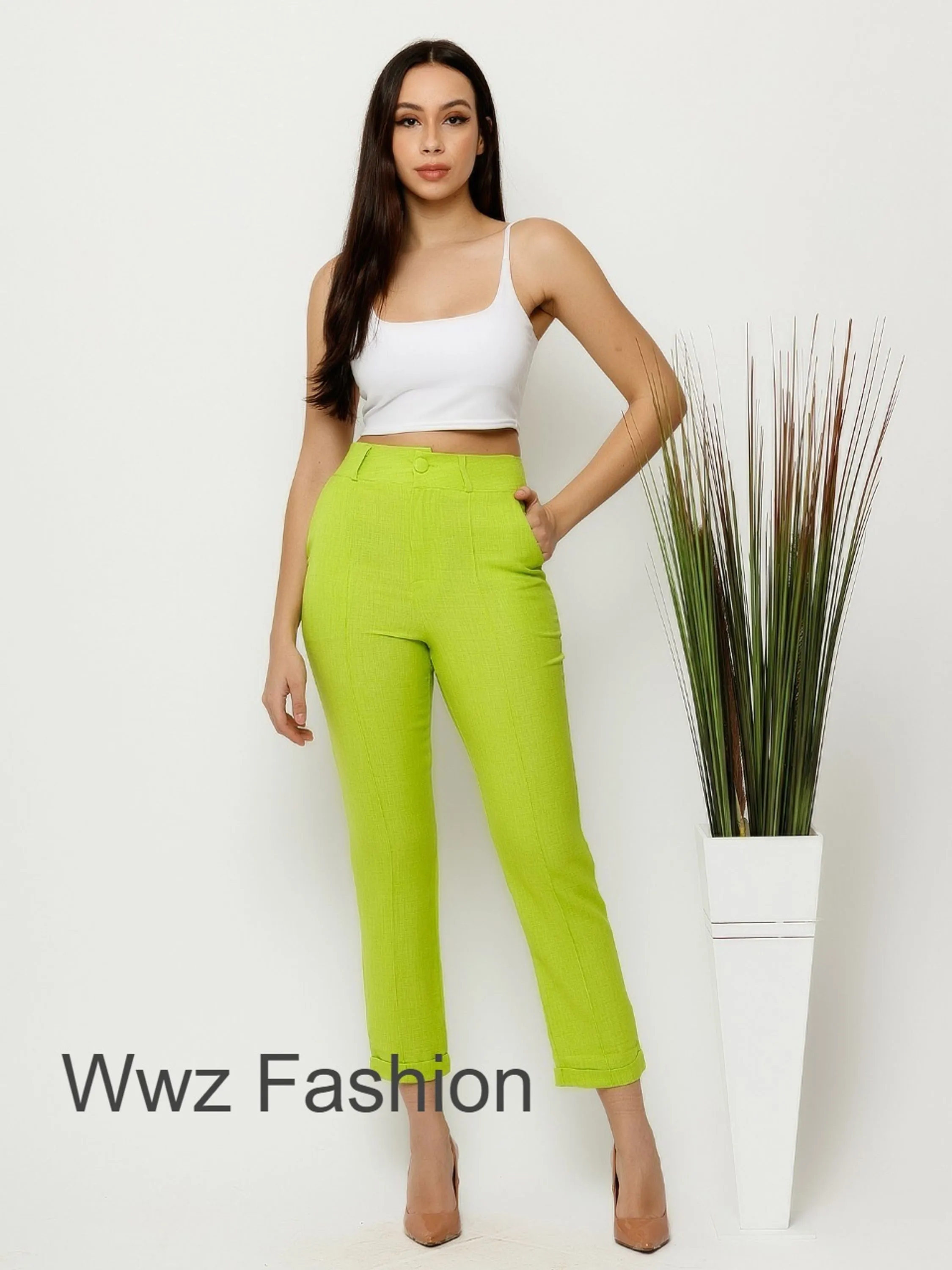 WwzFashion Calça Linho Cintura Alta Boca Reta L73