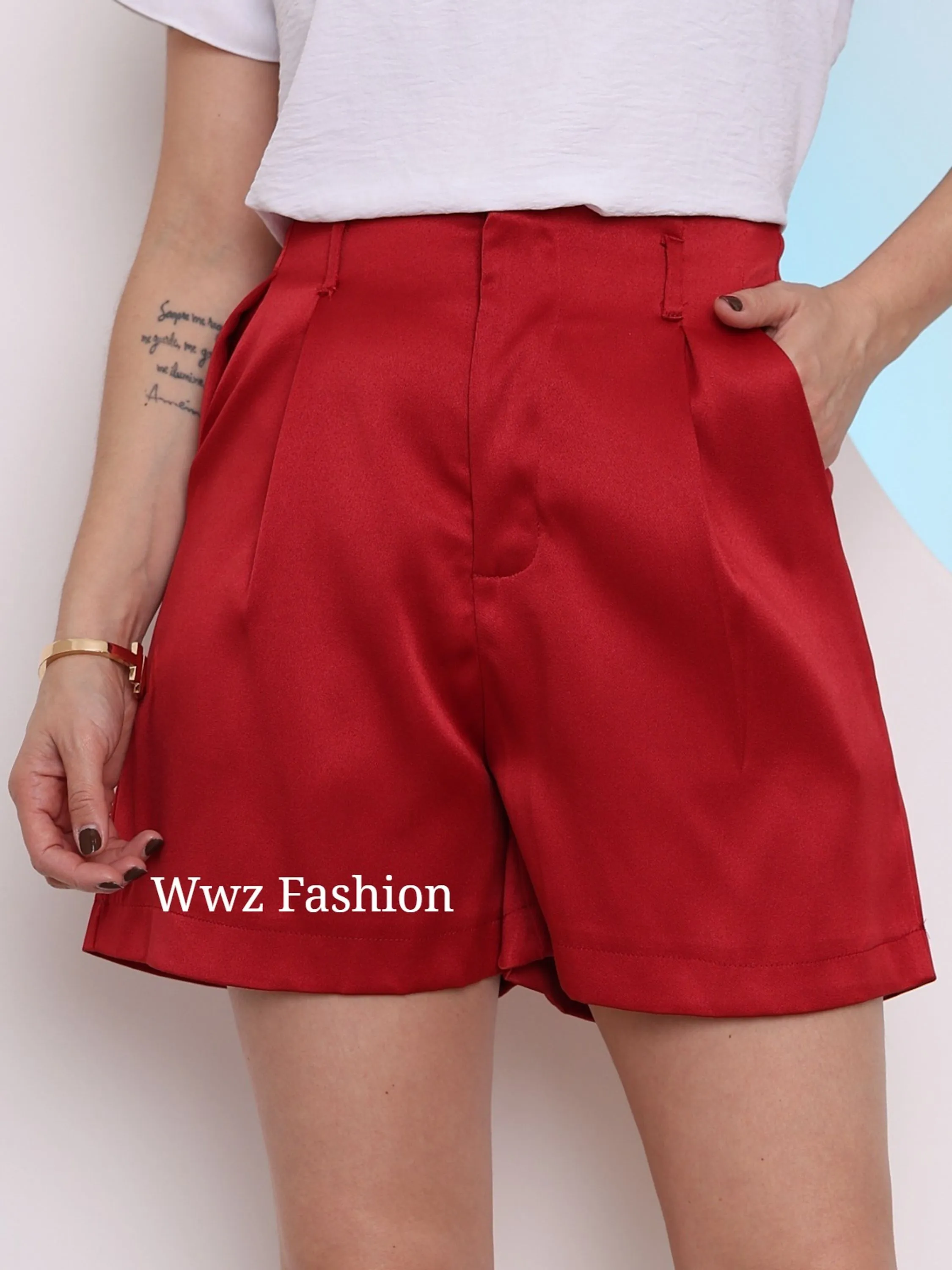 Wwz Fashion Domi Short Feminino Cetim Cintura Alta Moderno C182