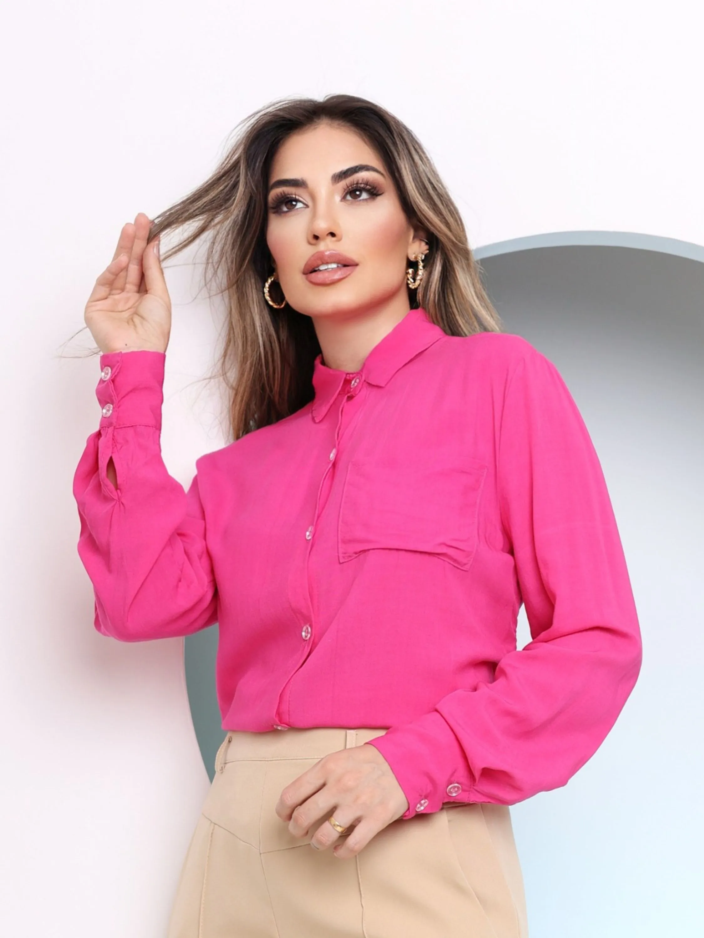 Modas Domi Camisa Social Manga Longa Feminina Casual Gola V Tecido Viscose com Botões 103