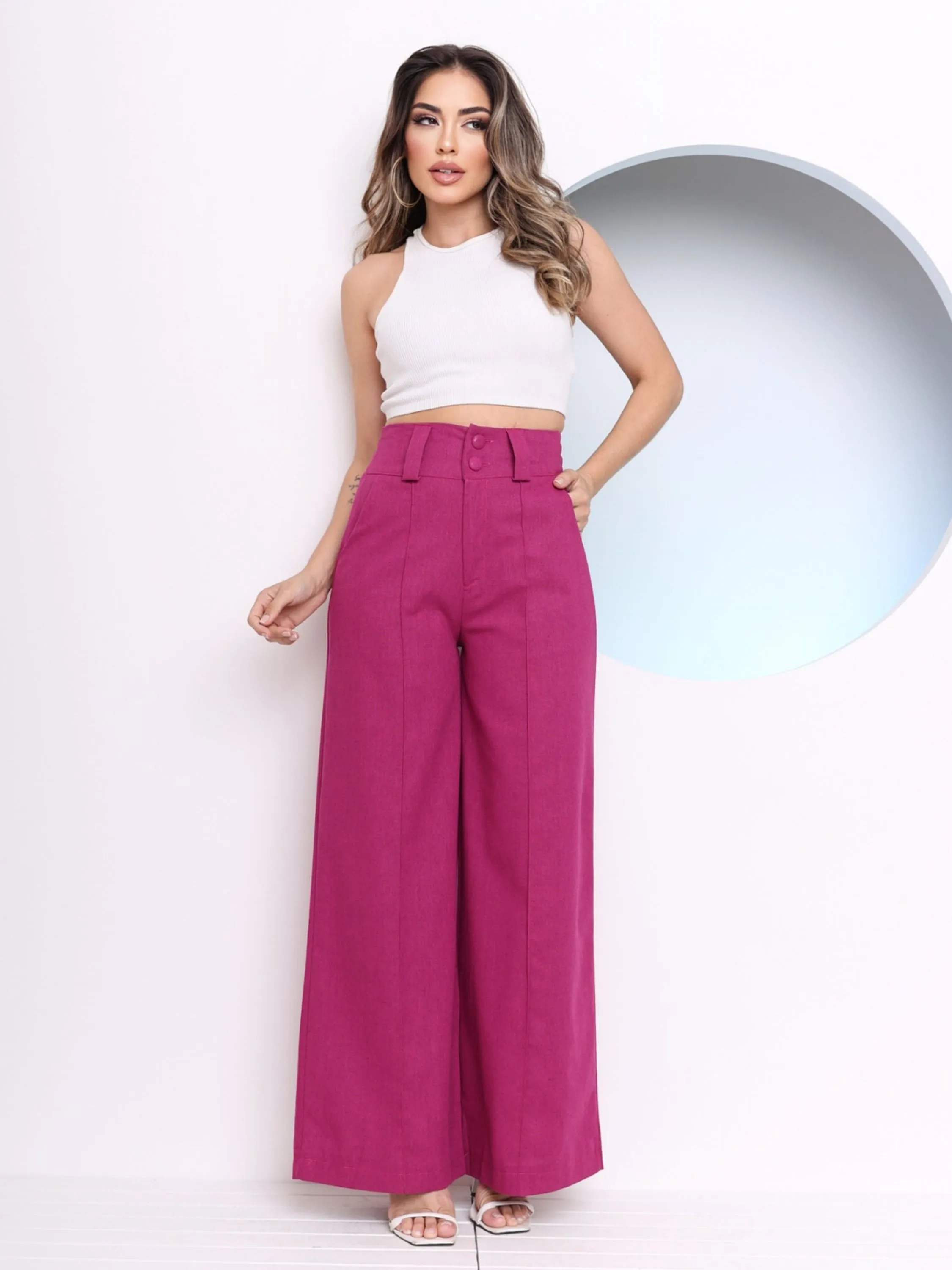 Modas Domi  Calça Feminina Pantalona Wide Leg Linho com Botão Tendencia 2024 L8406