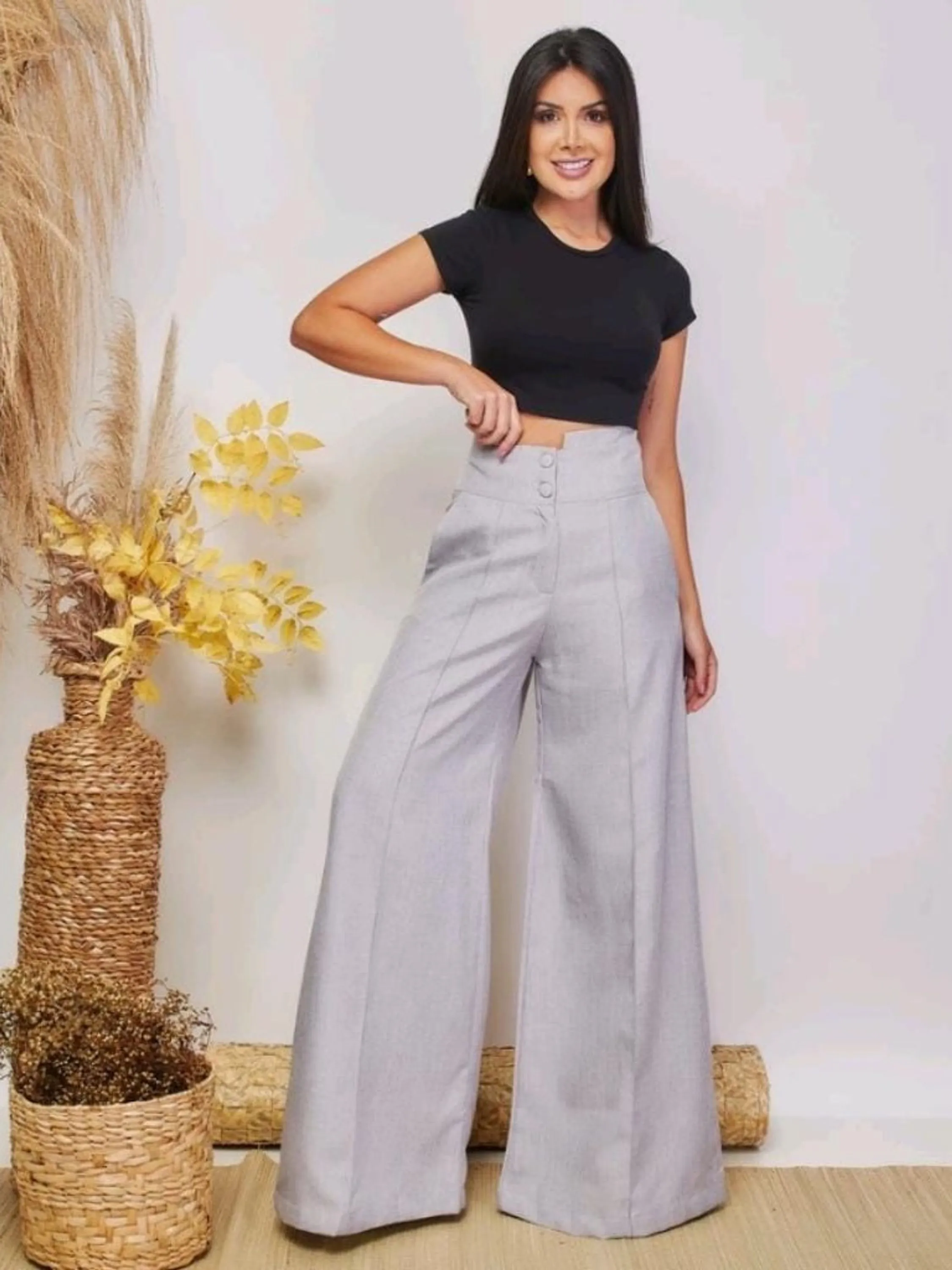 Modas Domi Calça Pantalona De Linho Super Estilosa Tendencia de Moda 8302
