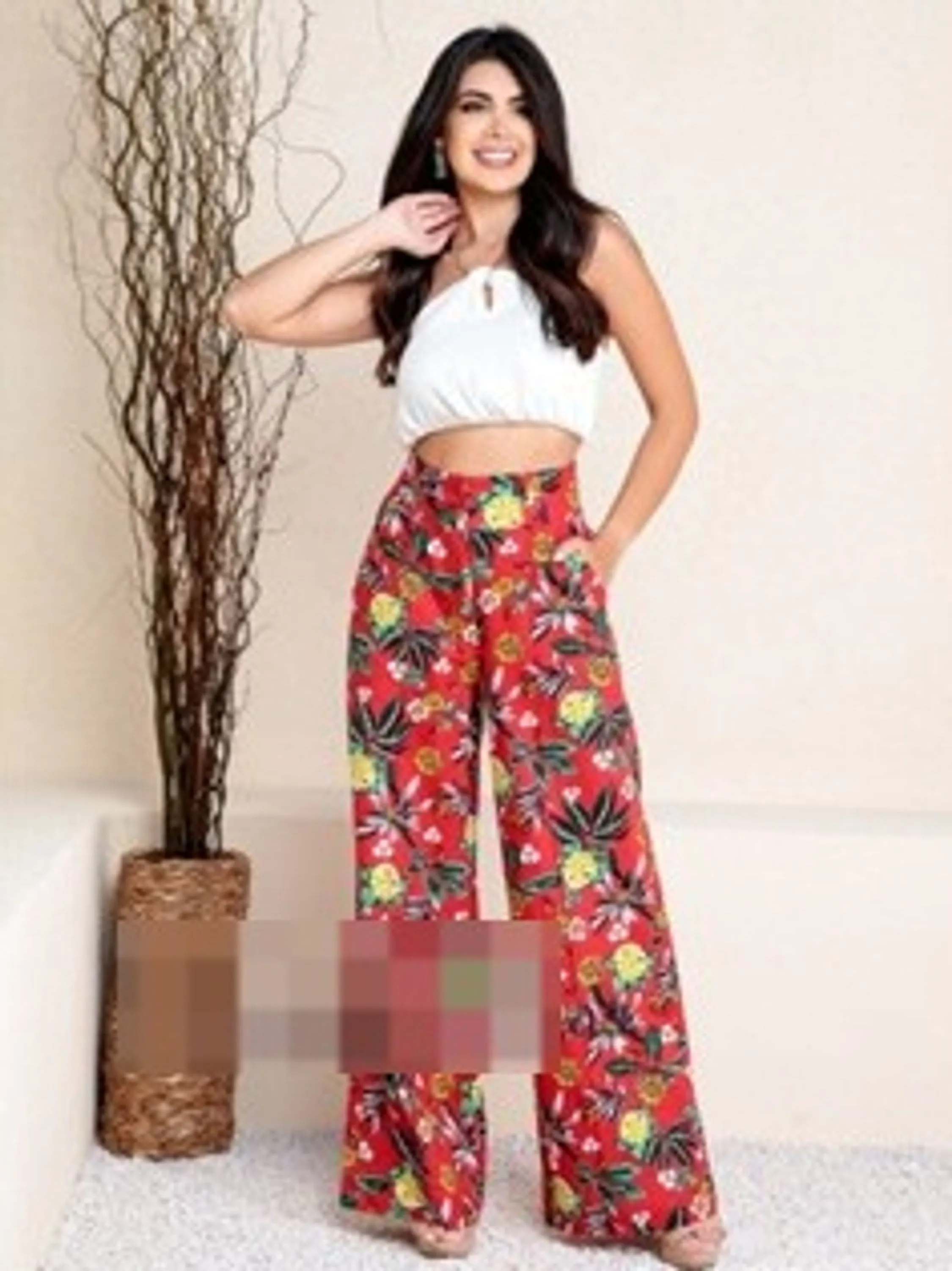 Modas Domi Calça Pantalona de Linho Estampada Nova Tendencia da Moda 8406