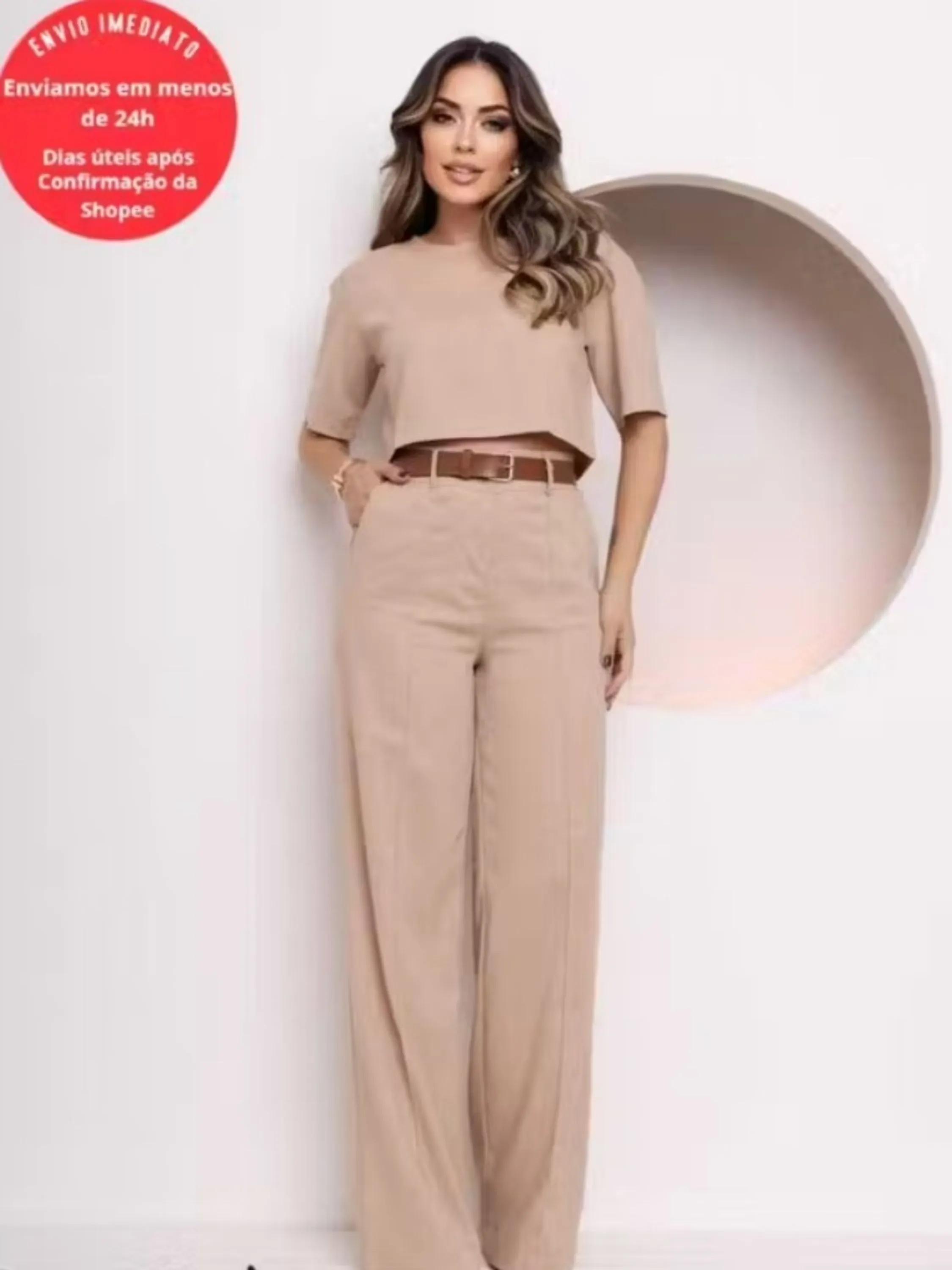 Modas Domi Conjunto Meghan em Gabardine Calça Pantalona e Cropped Elegante Social M130