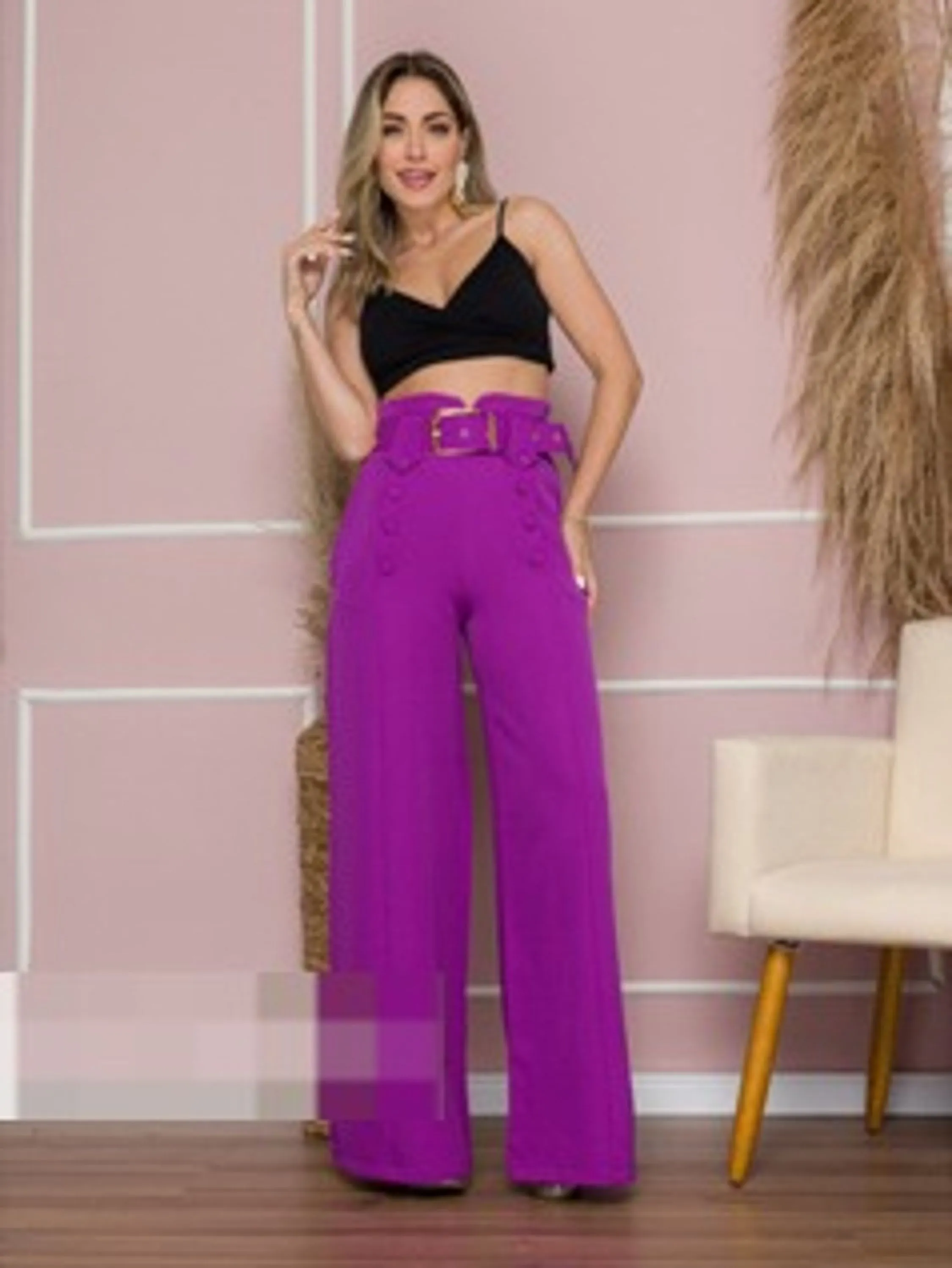 Modas Domi Calça Alfaiataria Pantalona Botão Cinto Fashion Tendencia Moda 8280