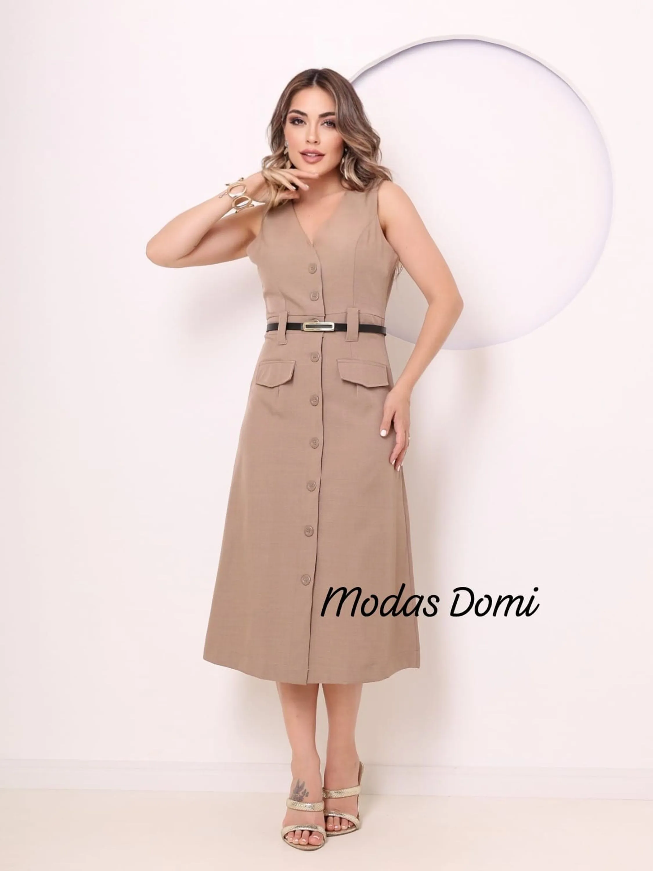 Modas domi Vestido Chemise Alfaiataria Gabardine Midi Botões Frontais 195