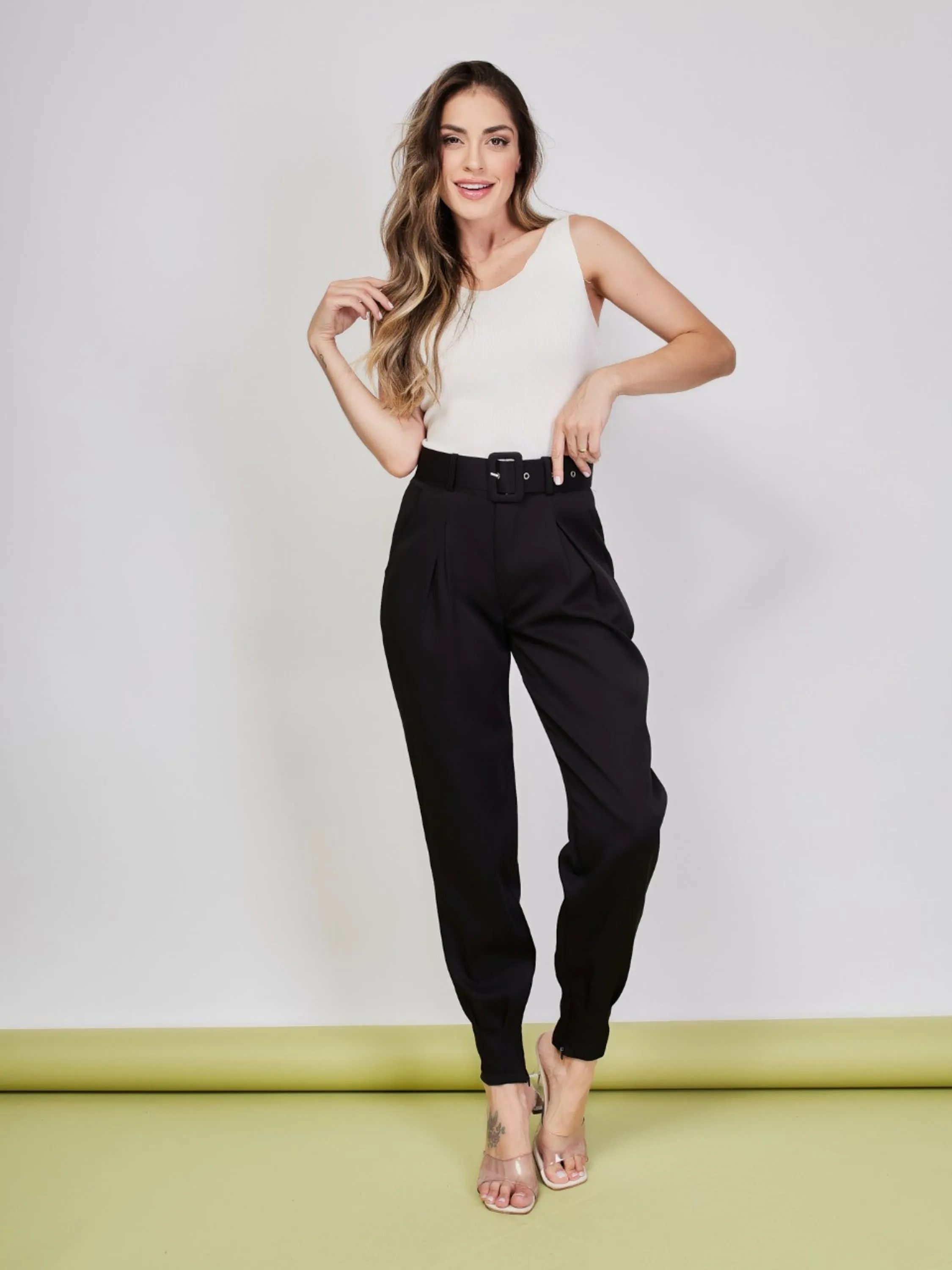 Modas Domi Calça Alfaiataria Com Cinto Tendencia Moda 8422