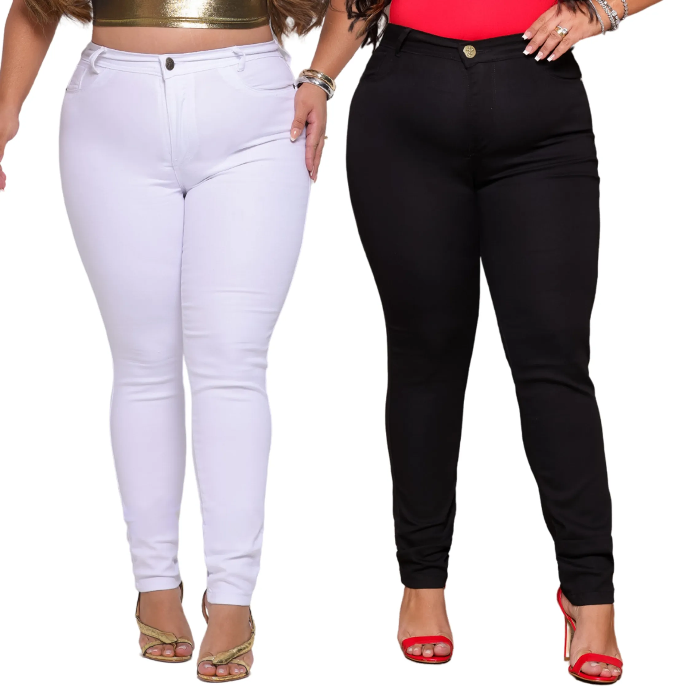 Kit Calças Jeans Plus Size Preta Branca Empina Bumbum Cós Alto