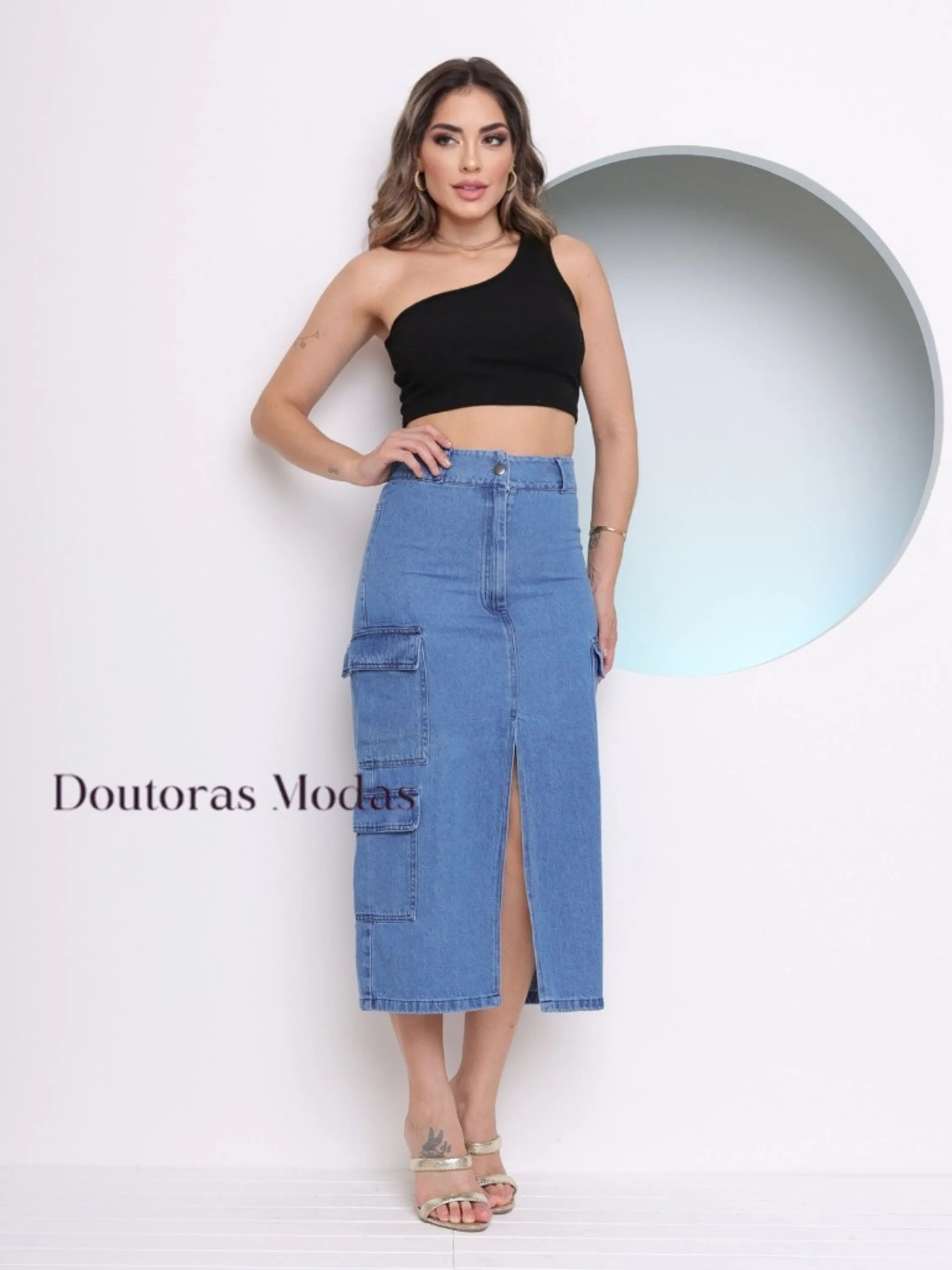 Doutoras Modas Saia Jeans Cargo Leve abertura na parte da frente 5276