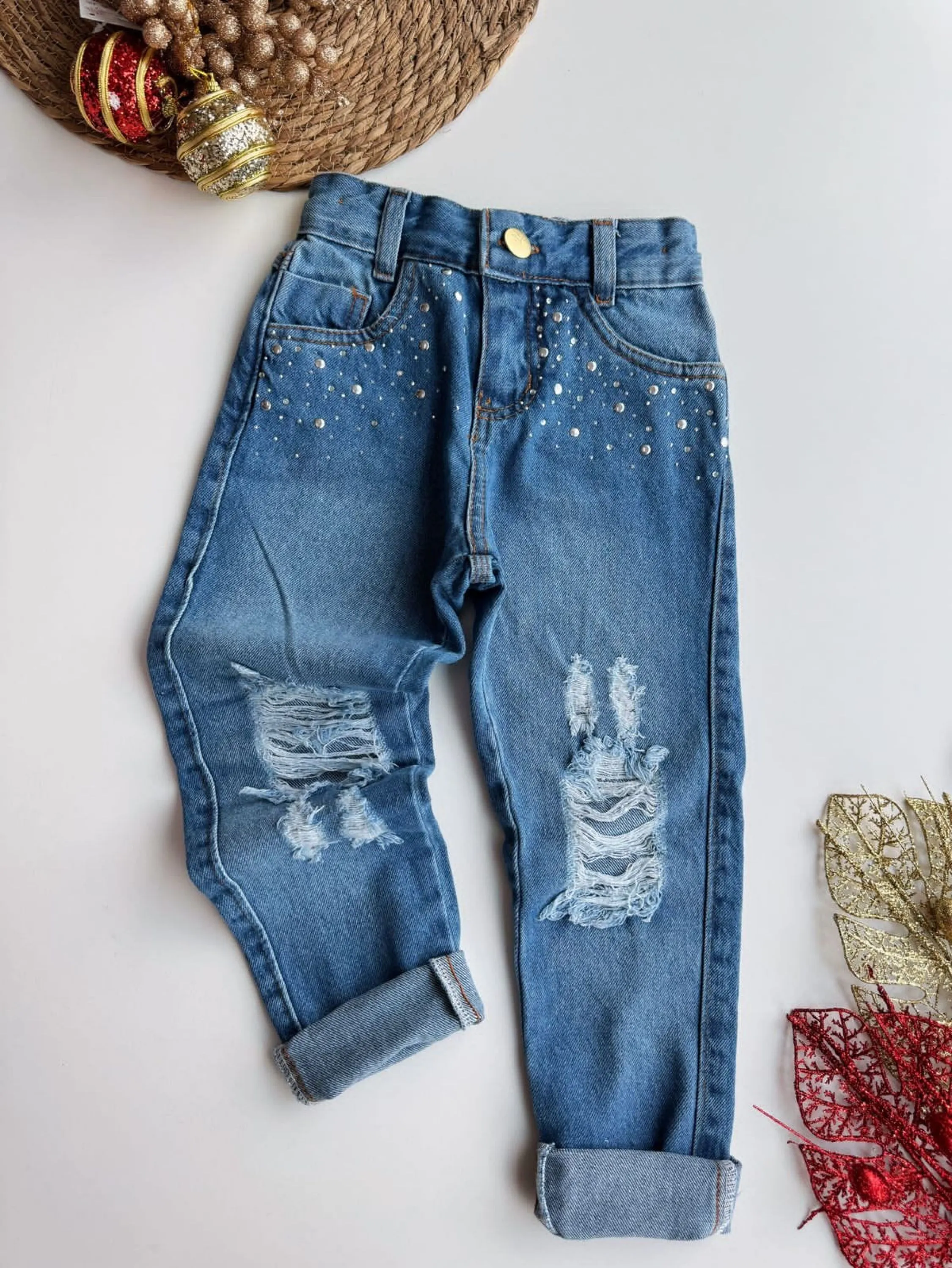 Calça jeans com brilho destroyd infantil