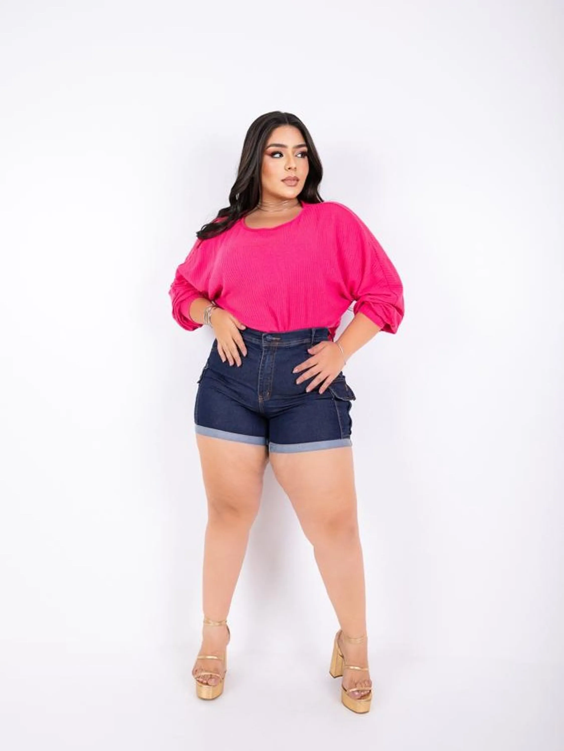 Short Jeans Plus Size Feminino Cintura Alta Liso Com Elastano Ref 9020