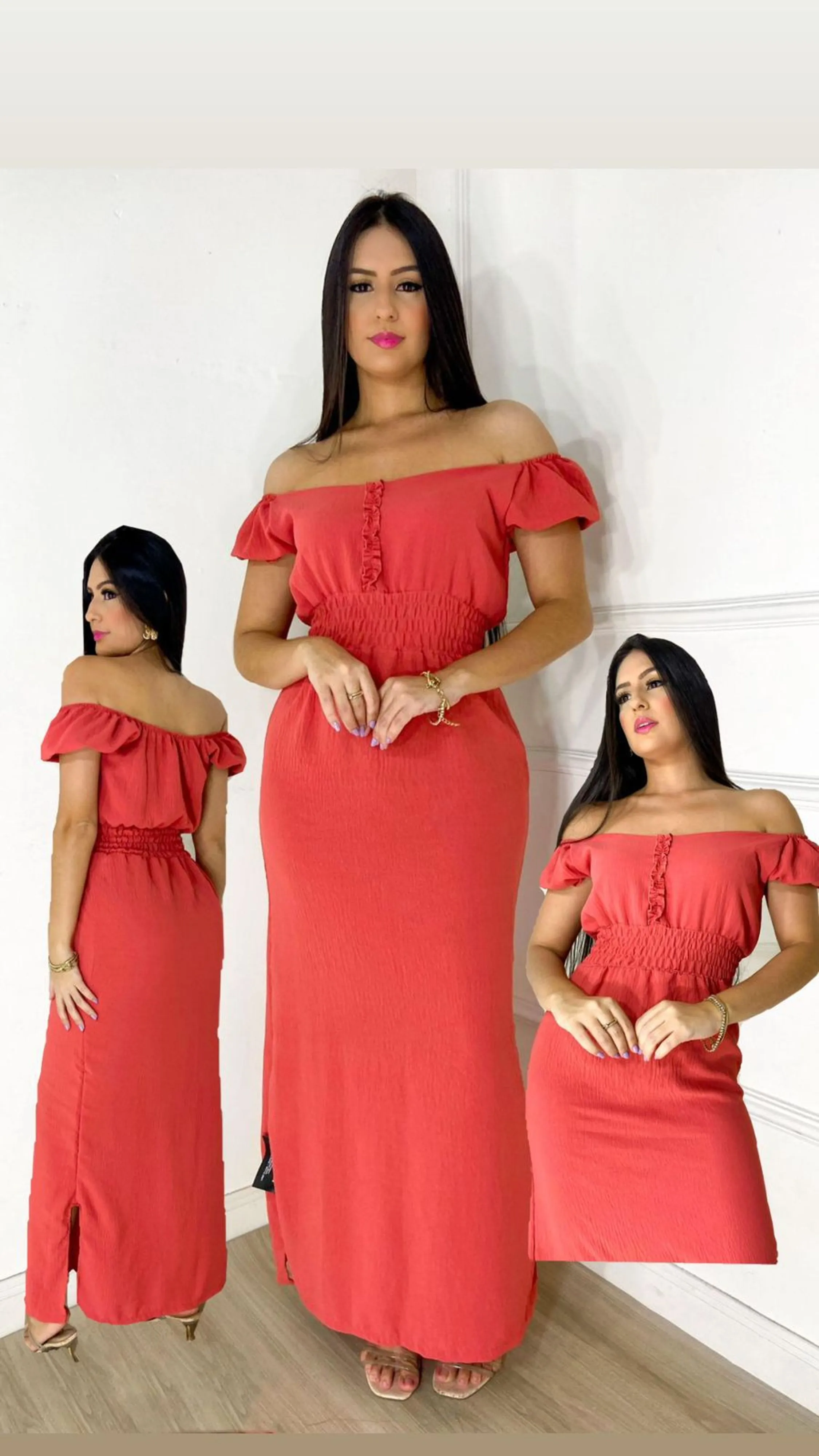 Vestido Feminino Longo Ombro A Ombro Estilo Ciganinha Manga Curta