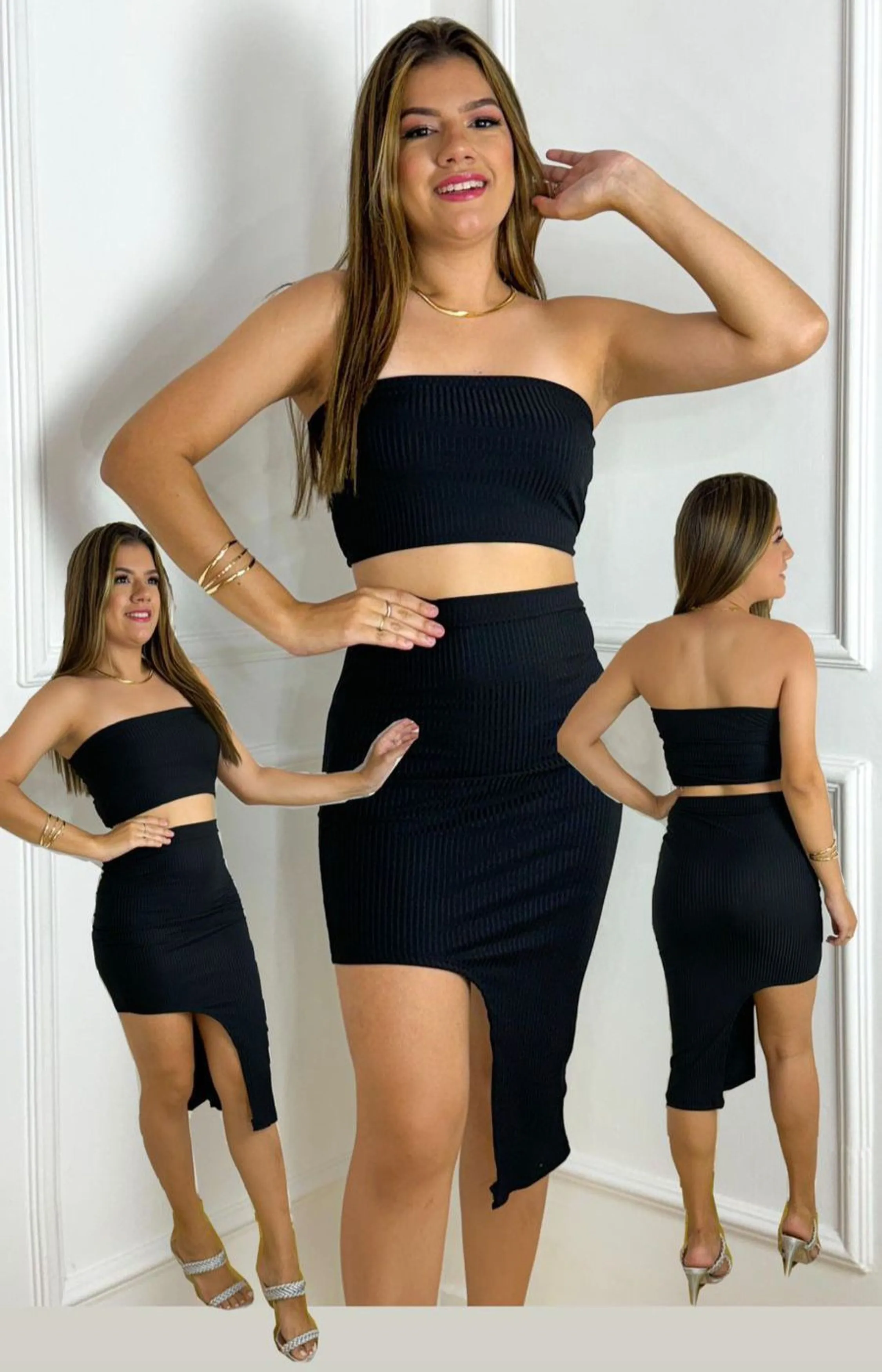 Conjunto Canelado Algodão Cropped Sem Alcas Saia Midi Barra Assimétrica