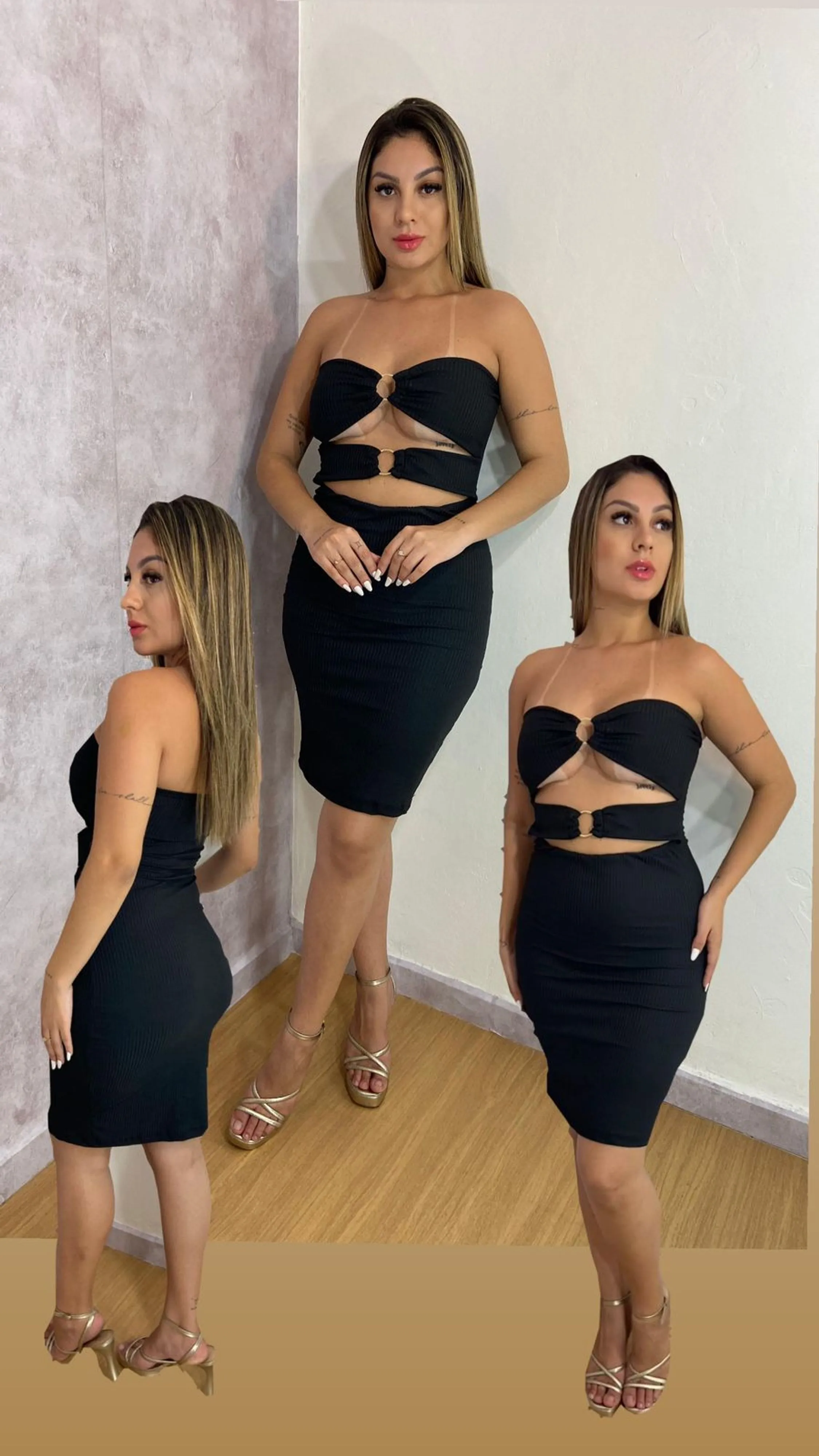 Vestido Feminino Canelado Curto Bodycon Sem Alça Detalhes de Fivela e Recorte