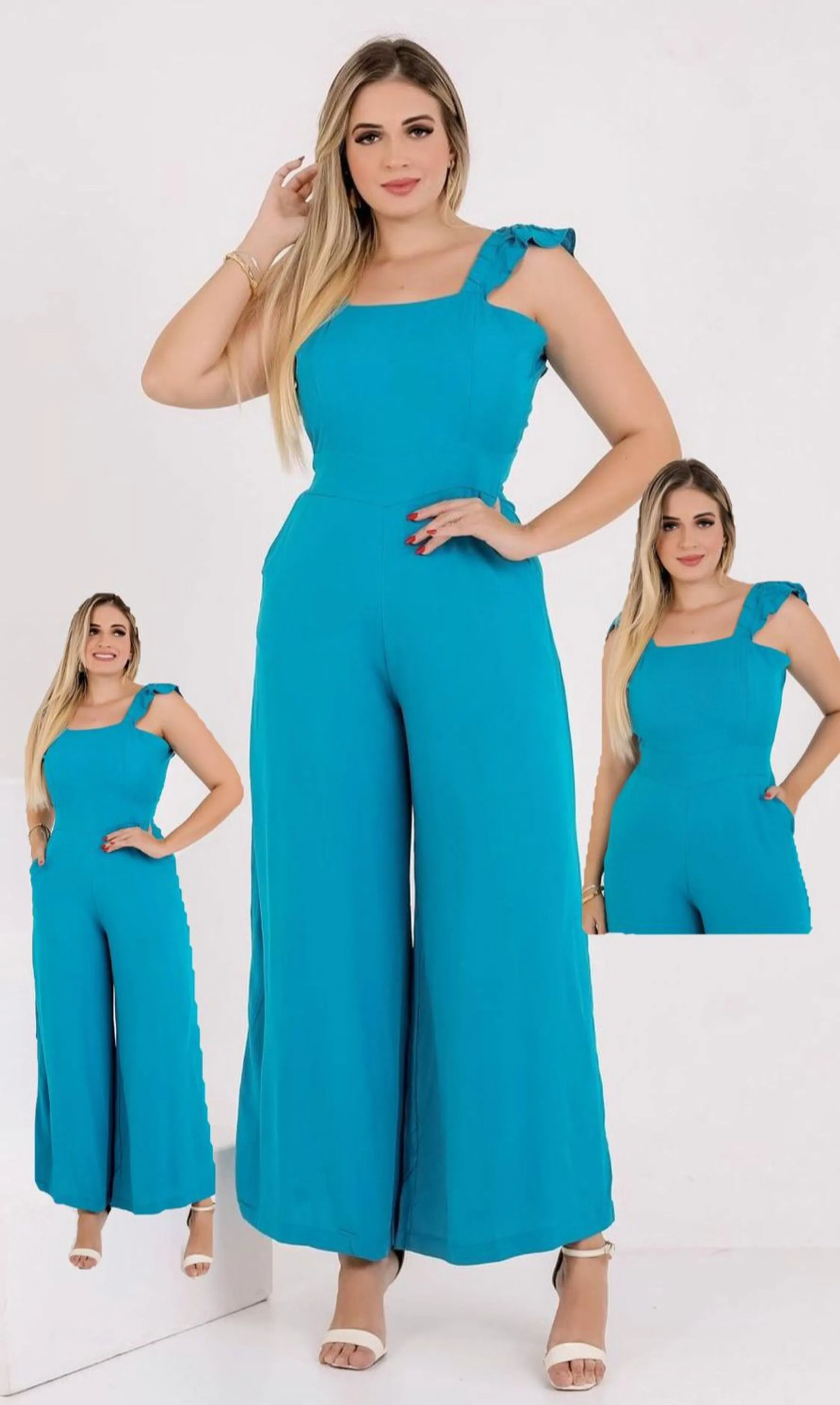 Macacão Feminino Pantalona Com Alça Babado Com Bolso Viscolinho Importado Tradicional Acinturado Longo