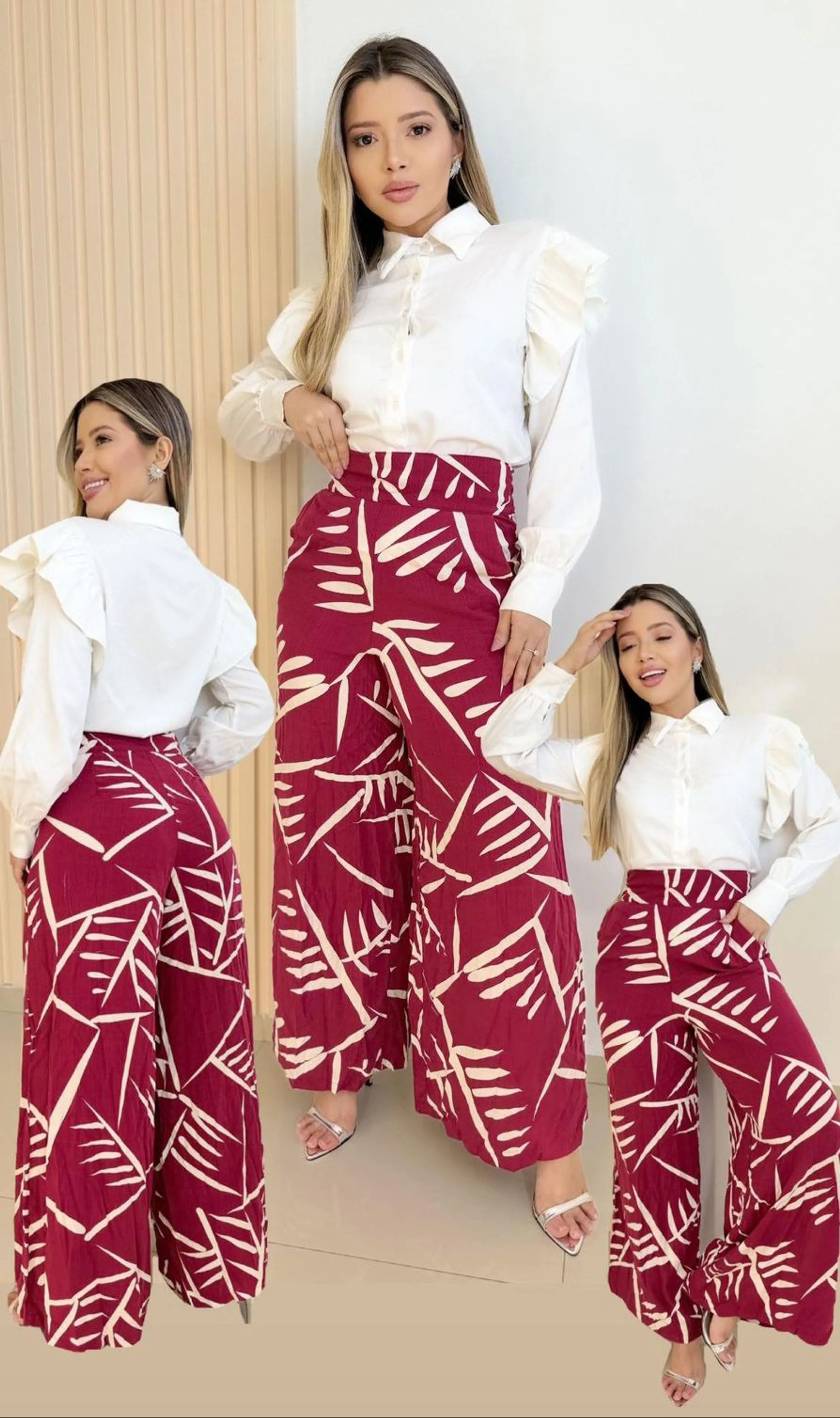 Calça Feminina Pantalona Forrada Cintura De Pala Zíper Na Lateral Com Bolso Cintura Alta Viscolinho Importado Estampado