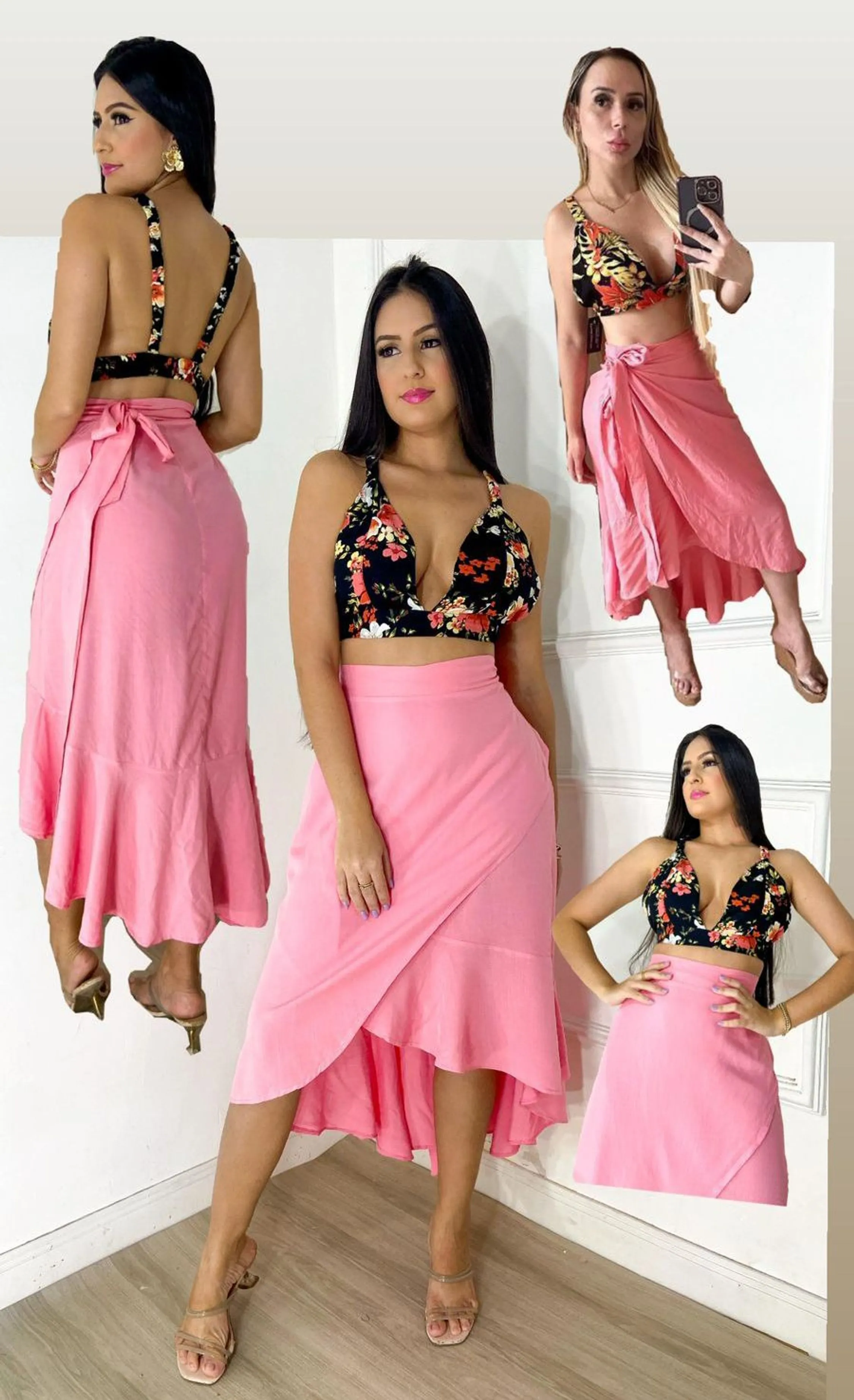 Conjunto Cropped e Saia Envelope Top Elastex No Top Atrás De Fácil Ajuste Viscolinho Importado