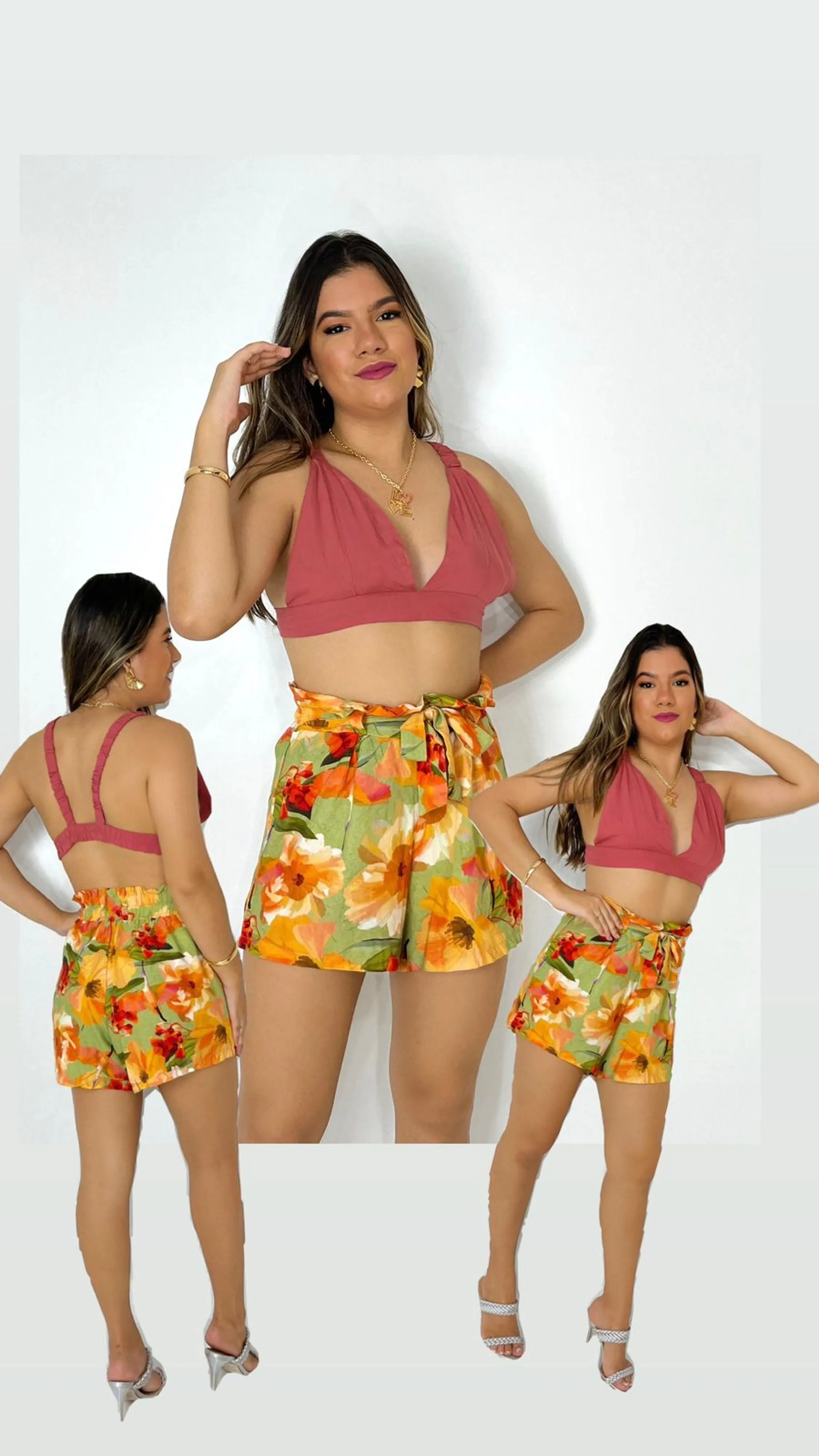 Conjunto Feminino Short e Cropped Viscolinho Importado Com Amarração Cintura Top com Elastex