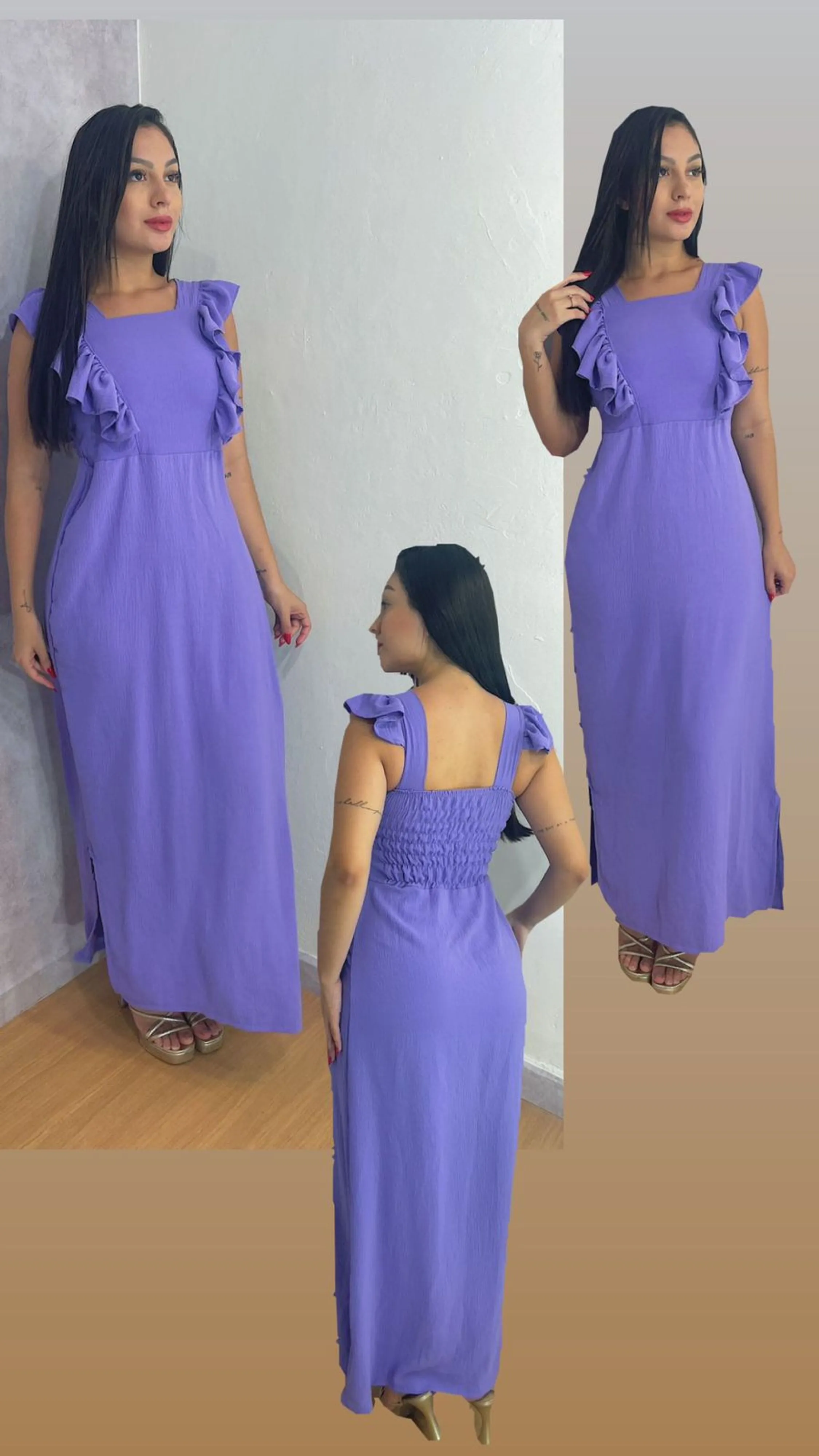 Vestido Feminino Longo Com Babado Manga Curta Caída, Com Elastex Crepe Duna Premium Não Amassa Não é Transparente