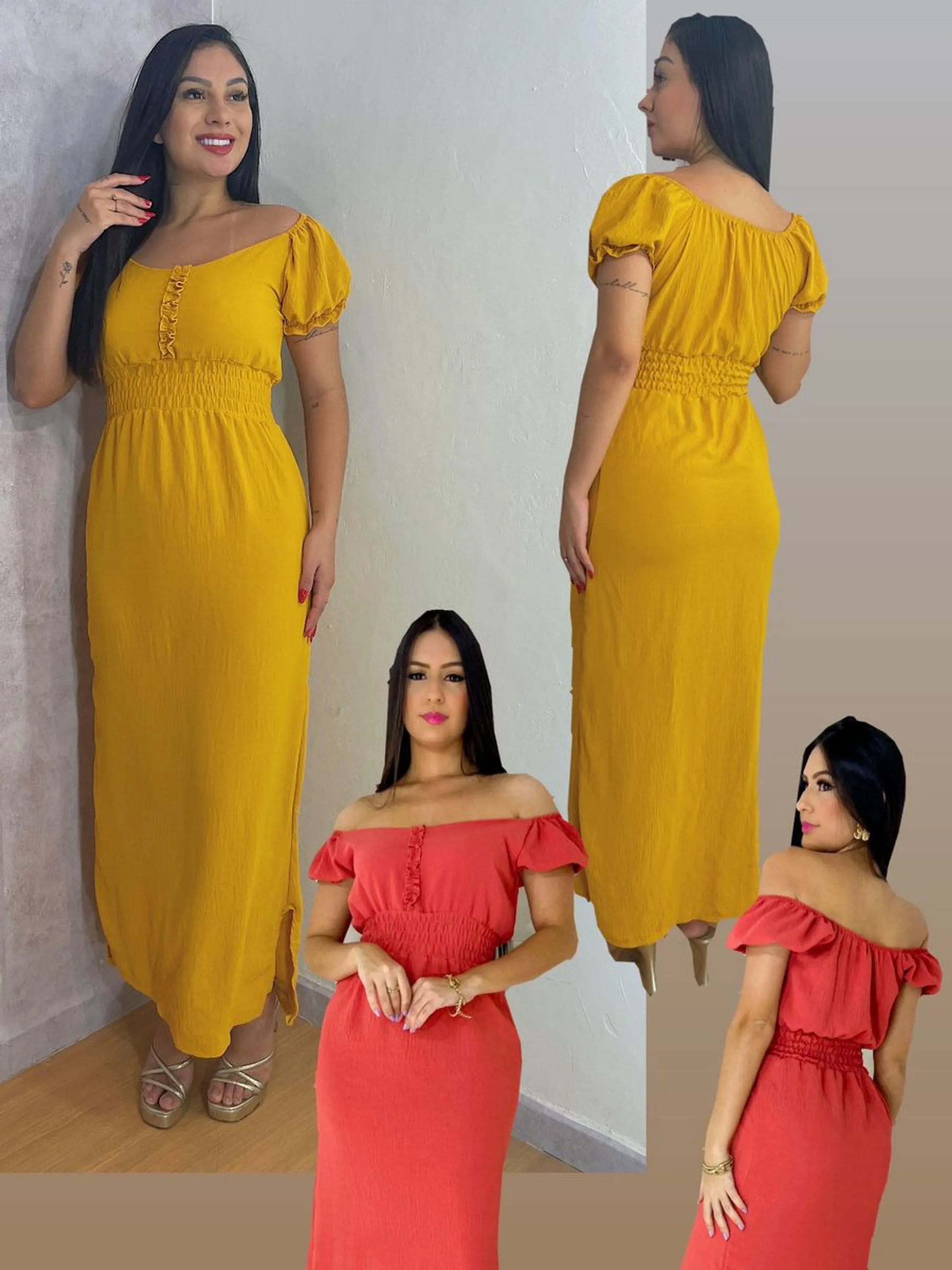 Vestido Feminino Longo Ombro A Ombro Estilo Ciganinha Manga Curta