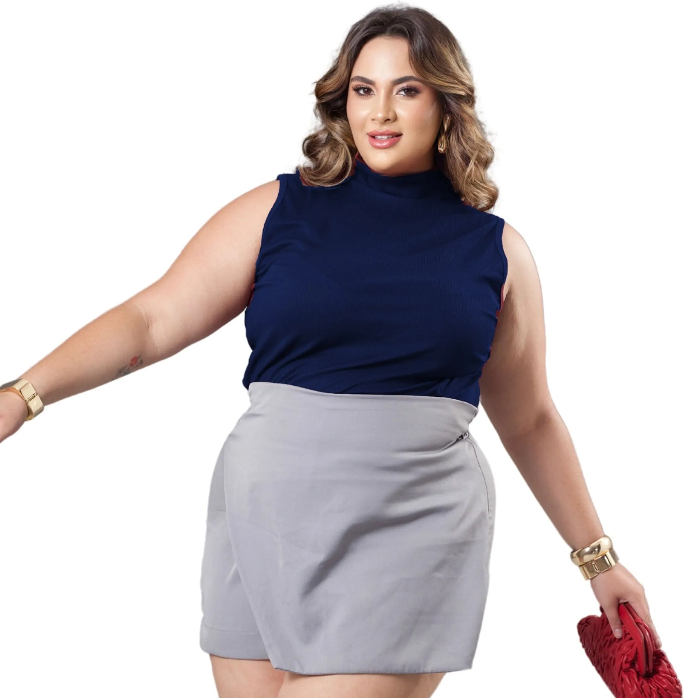 Blusa Regata Canelada Gola Alta Plus Size Básica Leve Moda