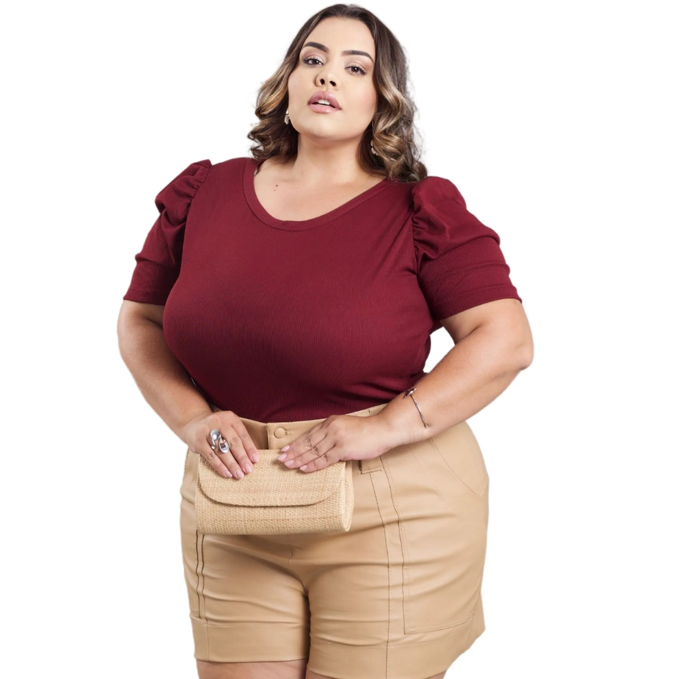 Blusa Canelada Manga Princesa Plus Size Básica Casual