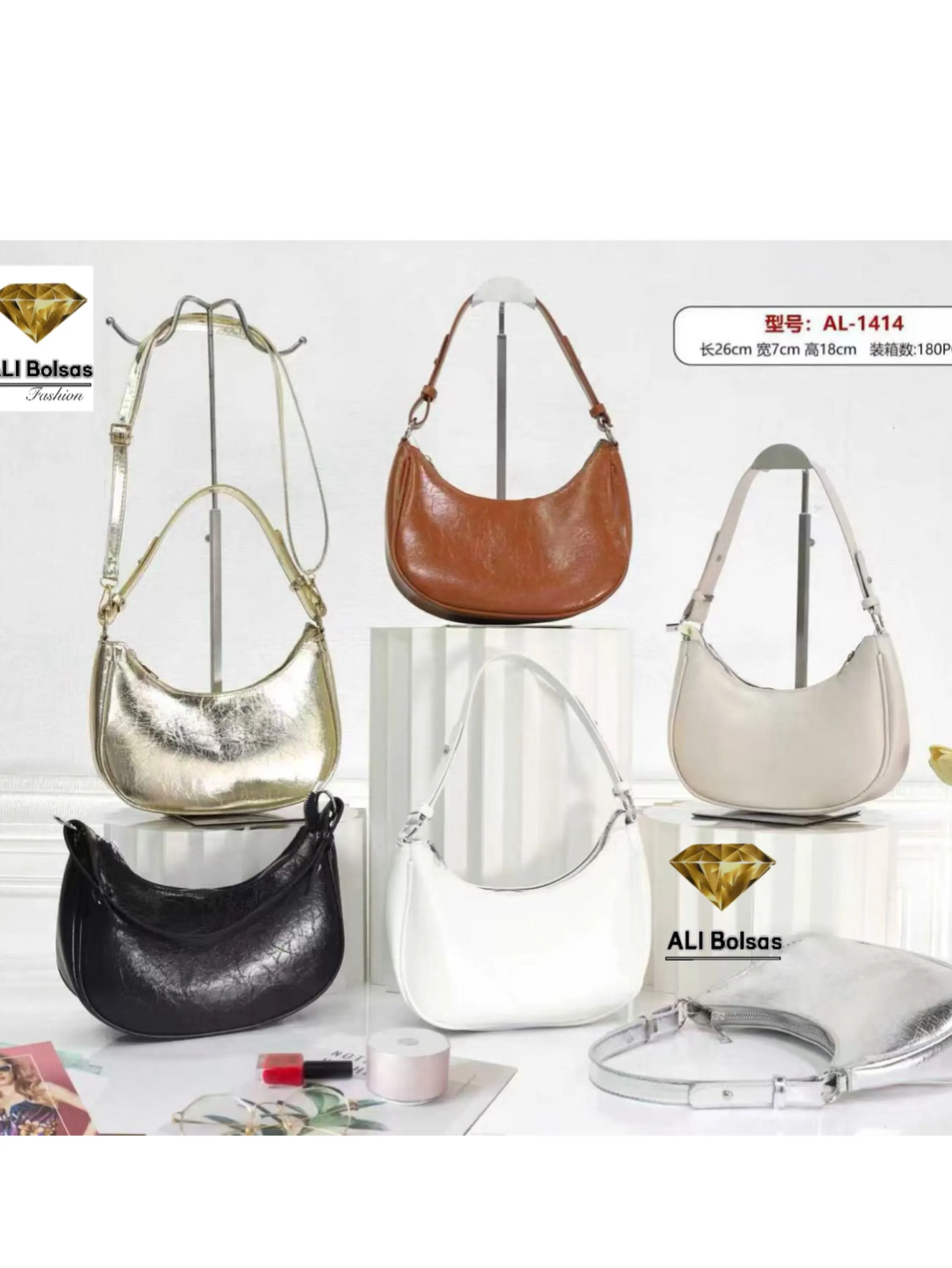 Bolsa metalizada estilo meia lua com 2 alças AL-1414