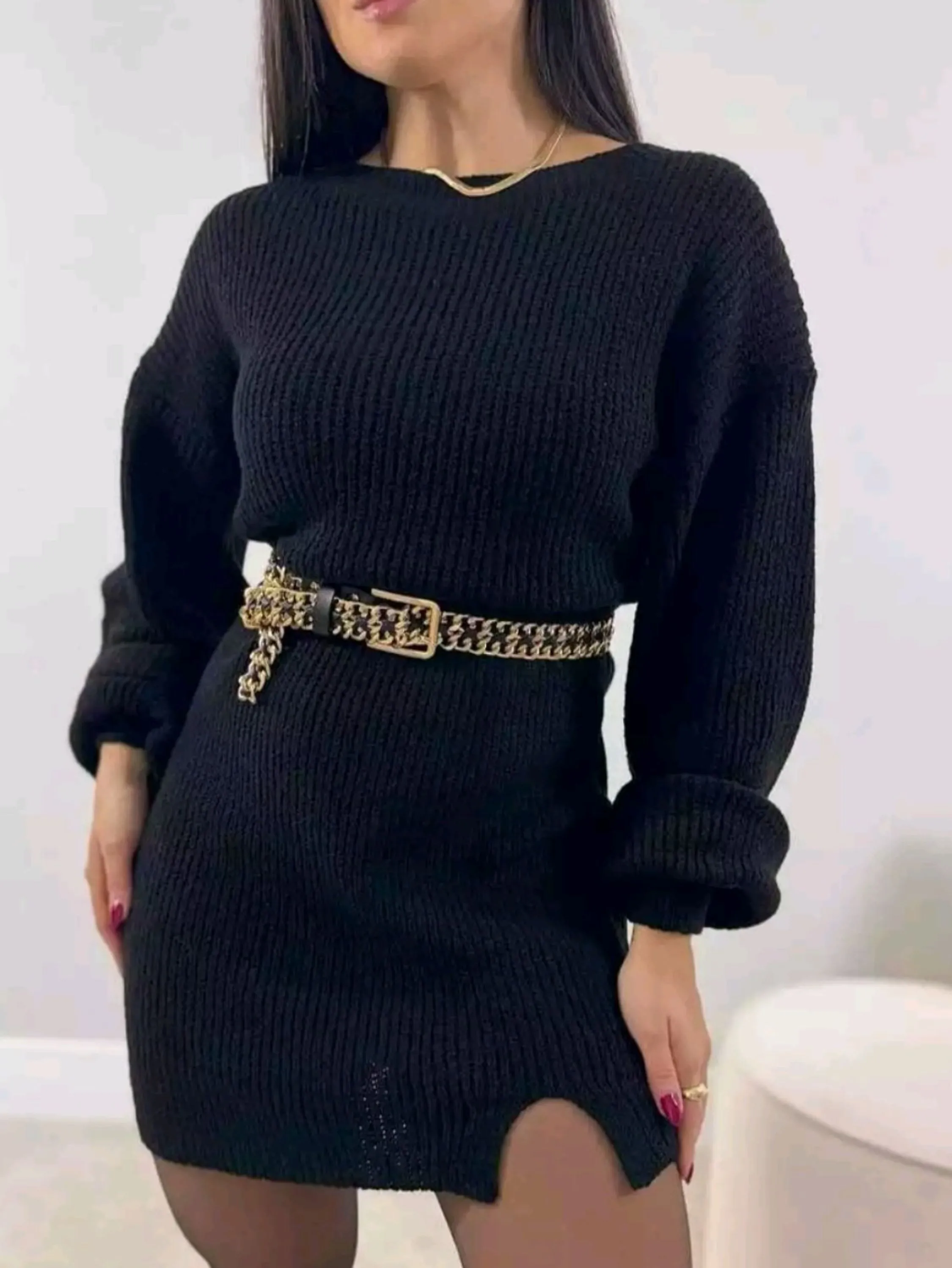 Promoção Vestido mousse com fenda discreta na frente elegante tricot