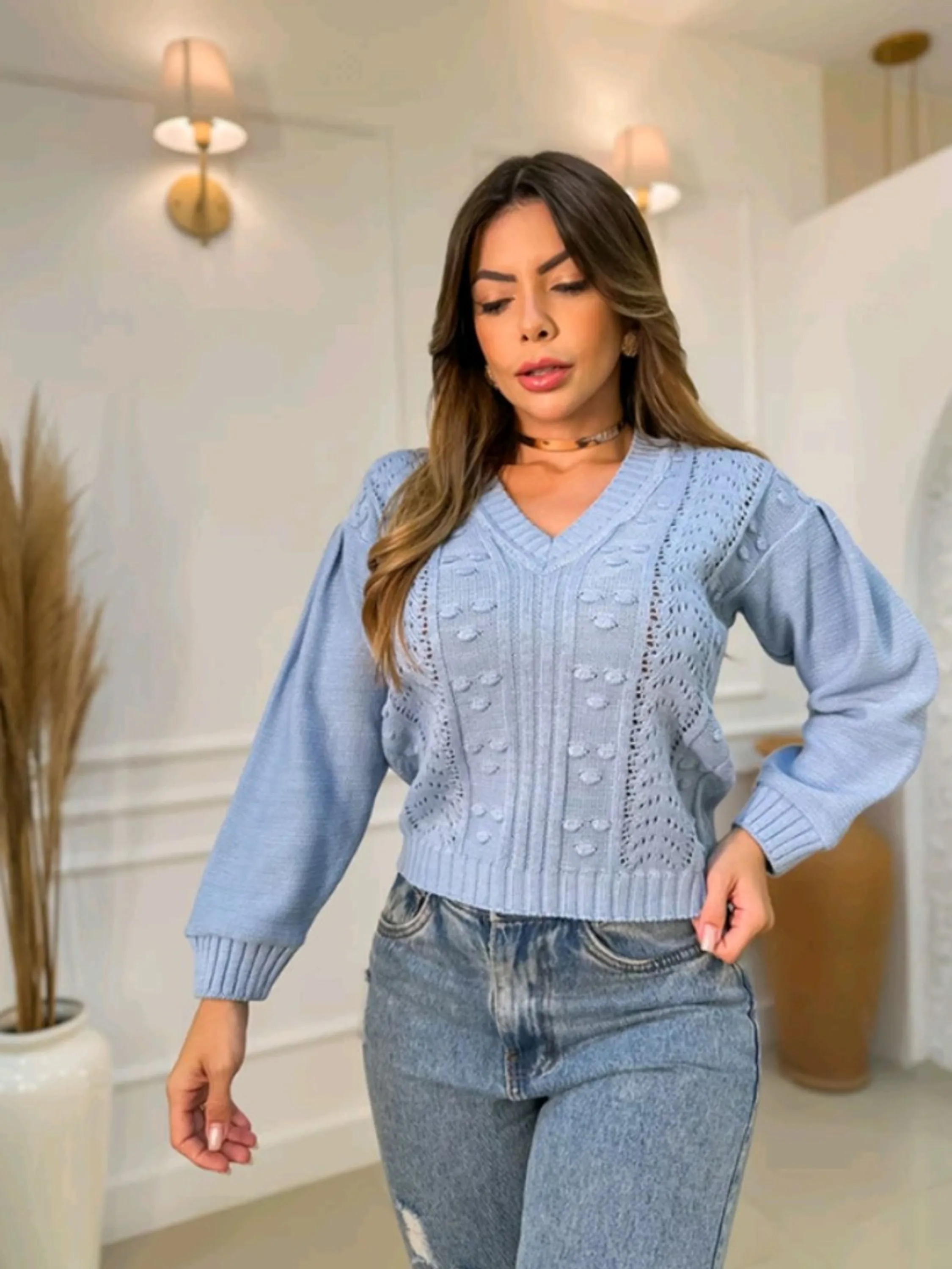 Promoção Blusa Tricot decote V Mangas Longas Com Detalhe De Pregas