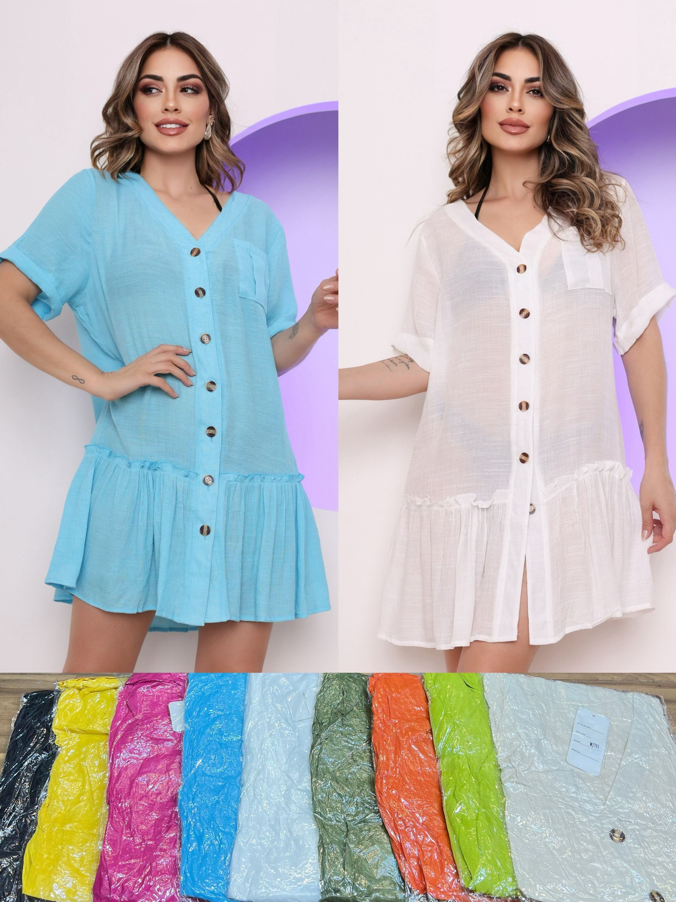 Saida De Praia Vestido Manga Curta Com Botao 700