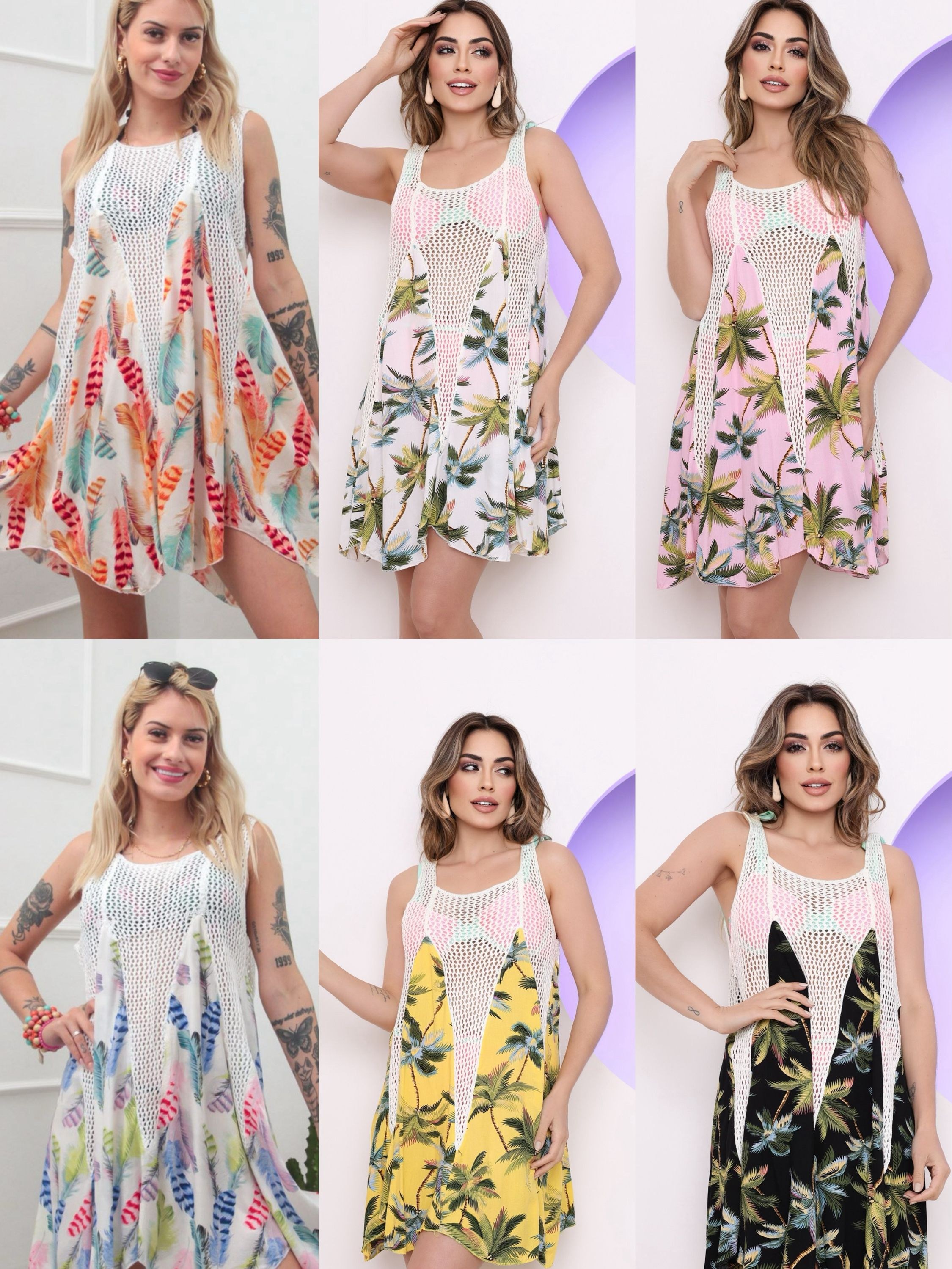 Saida De Praia Vestido Sem Manga Estampas Com Croche