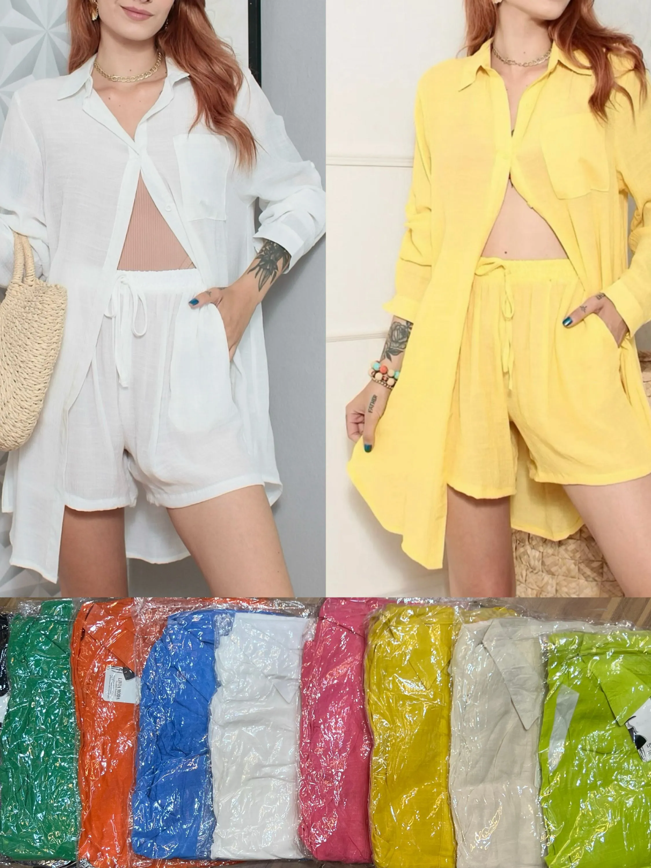 Conjunto Saida De Praia Camisa E Short Moda Verao T2402