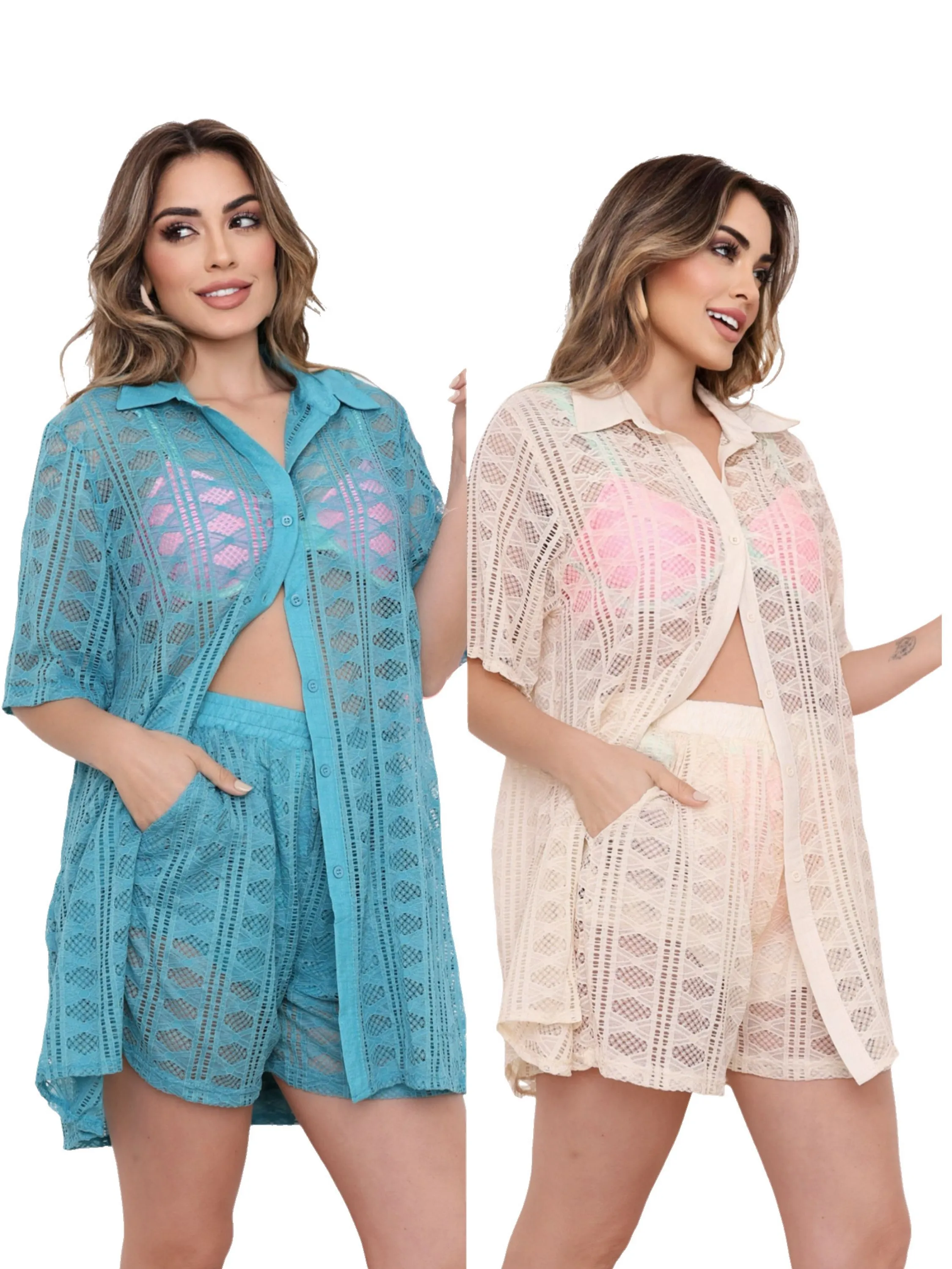 Conjunto Saida De Praia Renda Camisa e Short Forrada Moda Praia