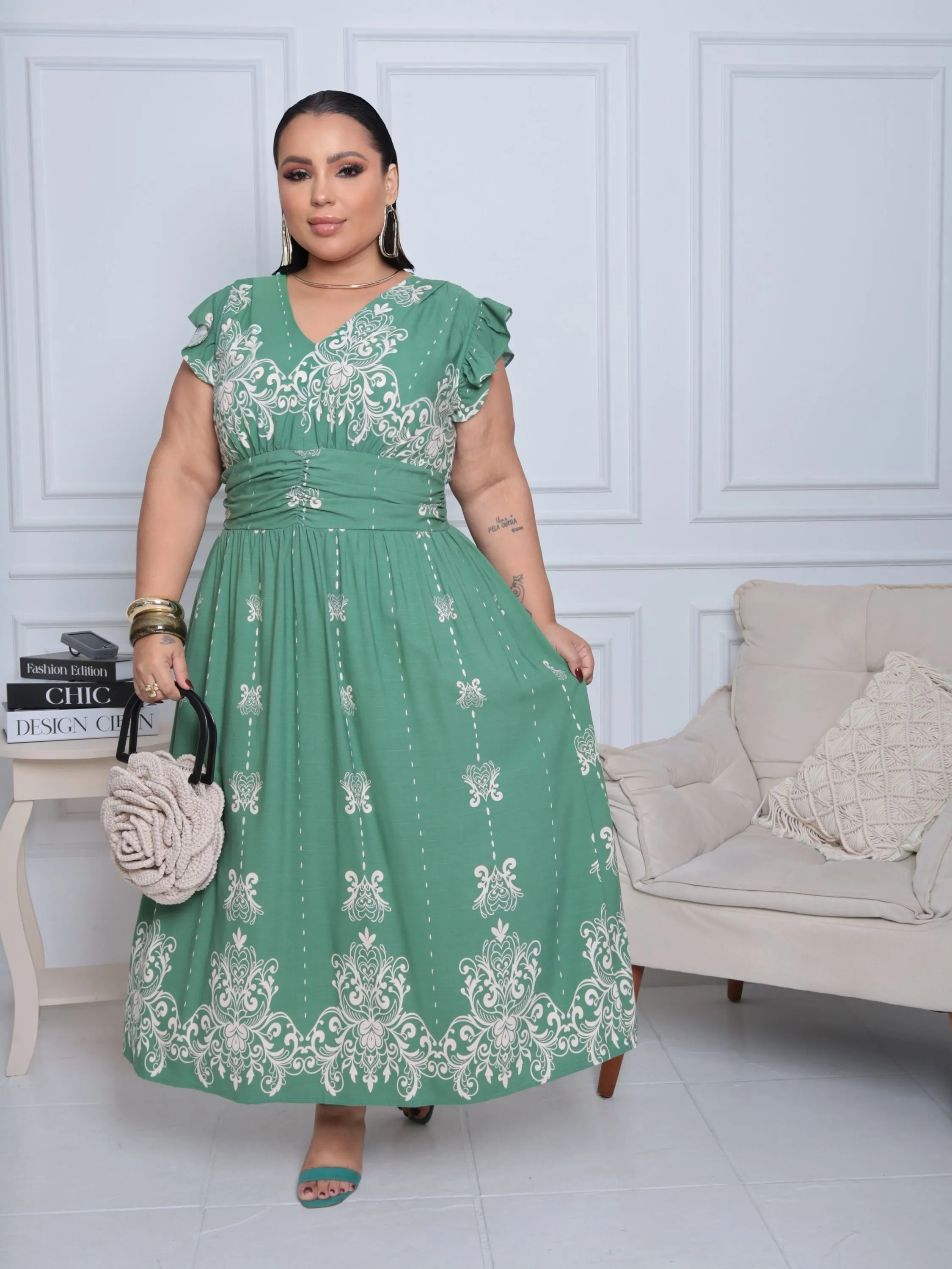 Vestido Manga Babado Midi
