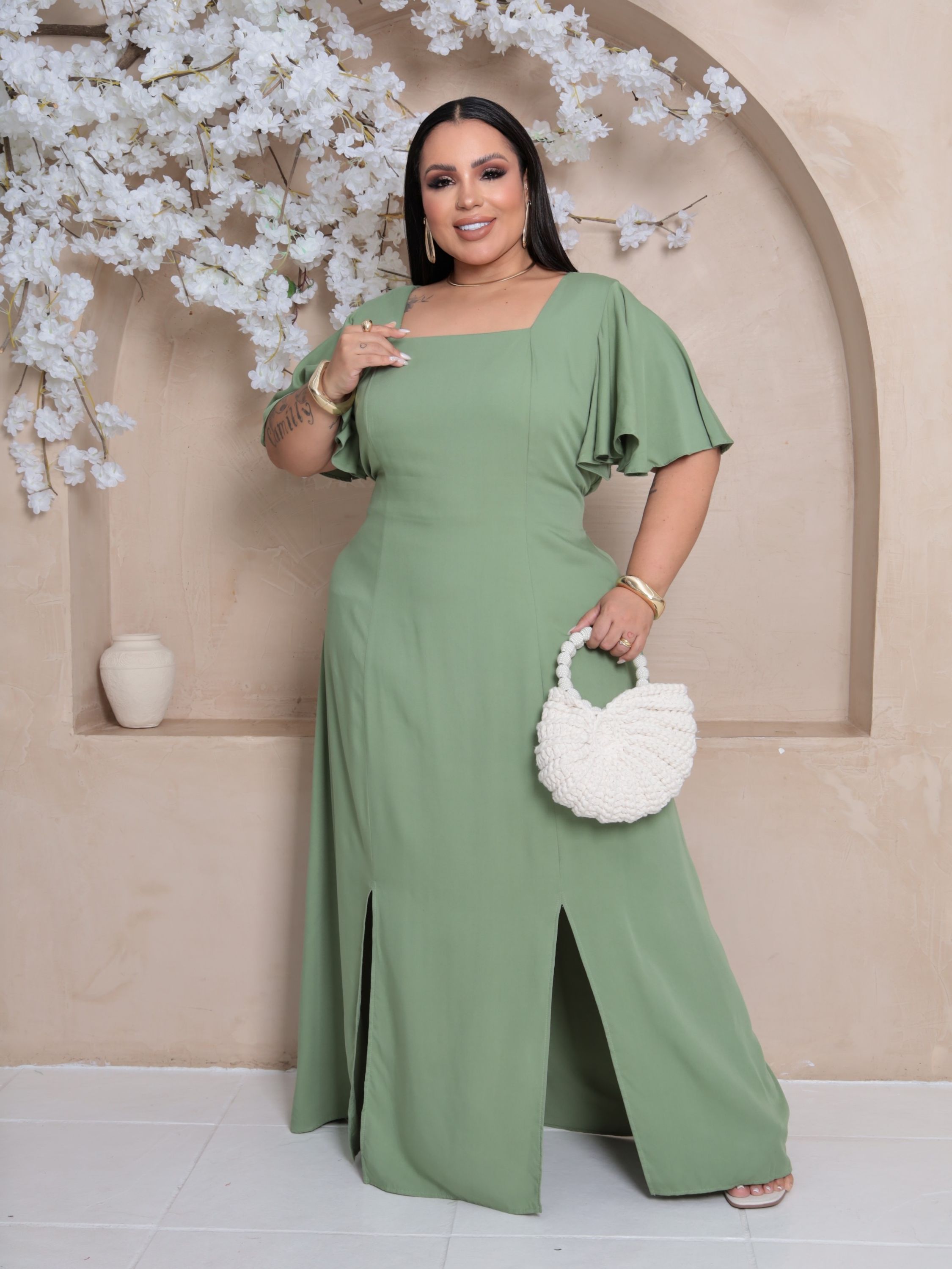 Vestido Manga Babado Longo