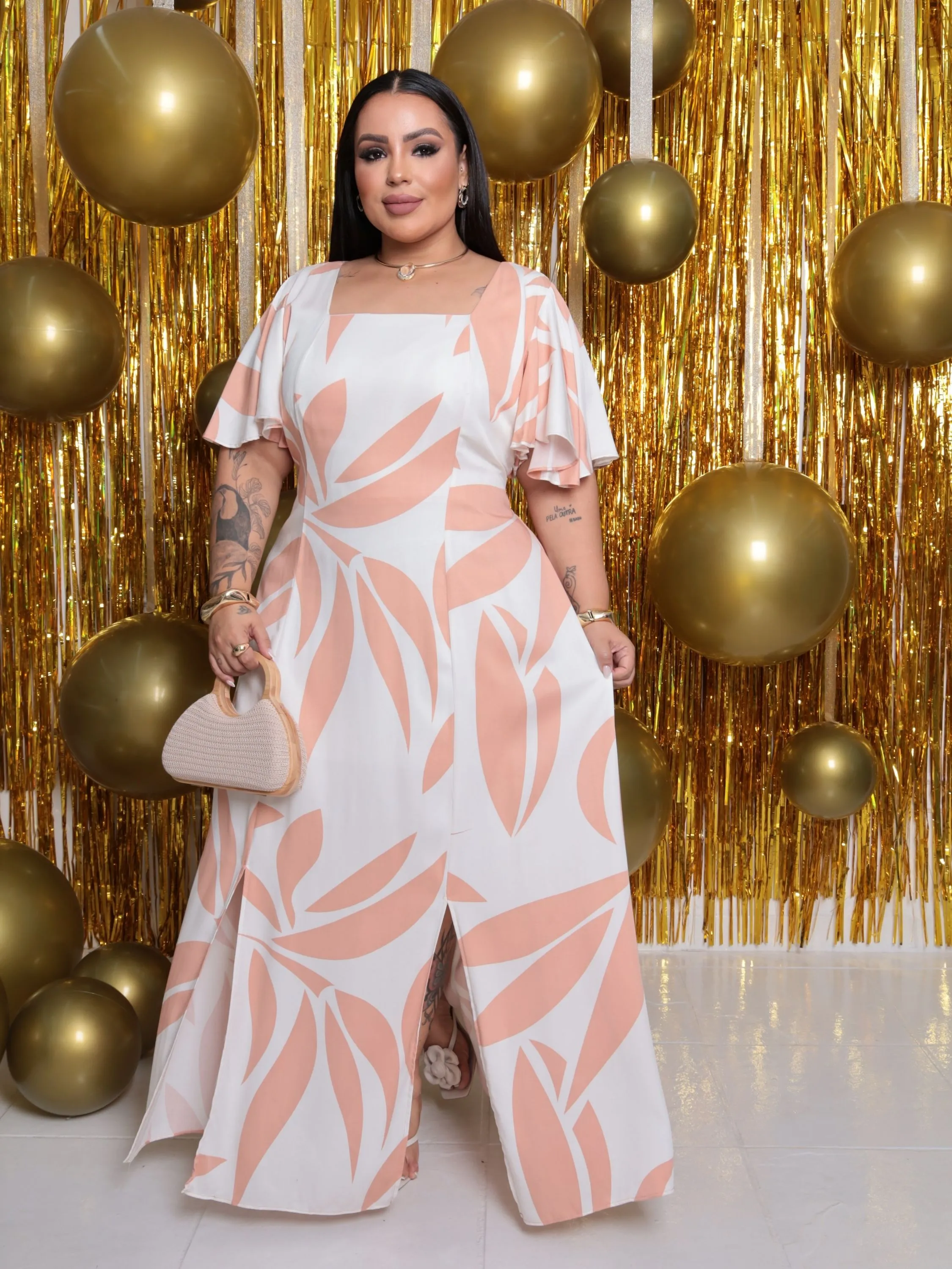 Vestido Manga Babado Longo