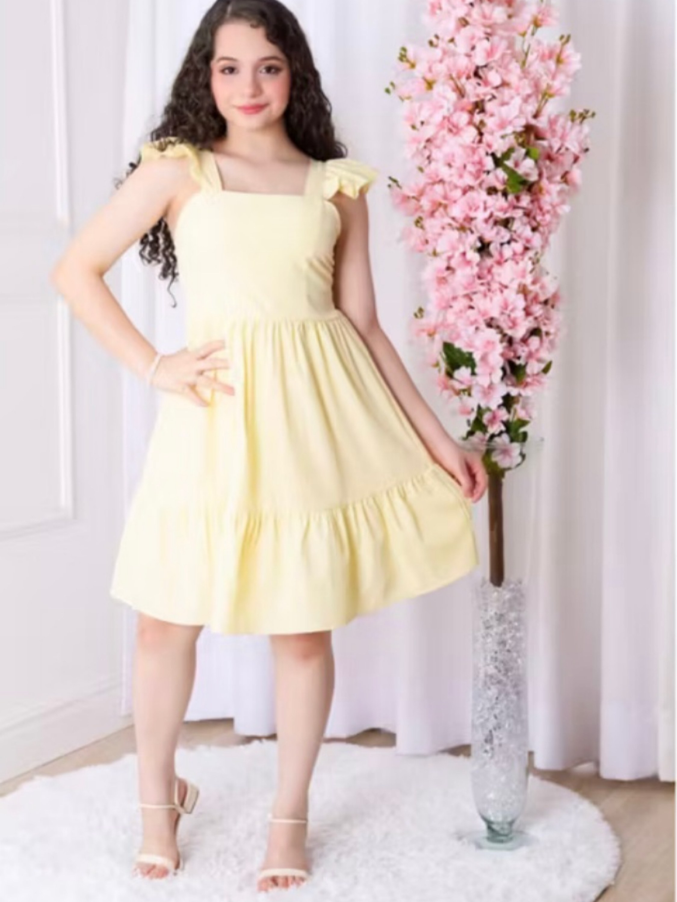 Vestido manga babado liso Juvenil