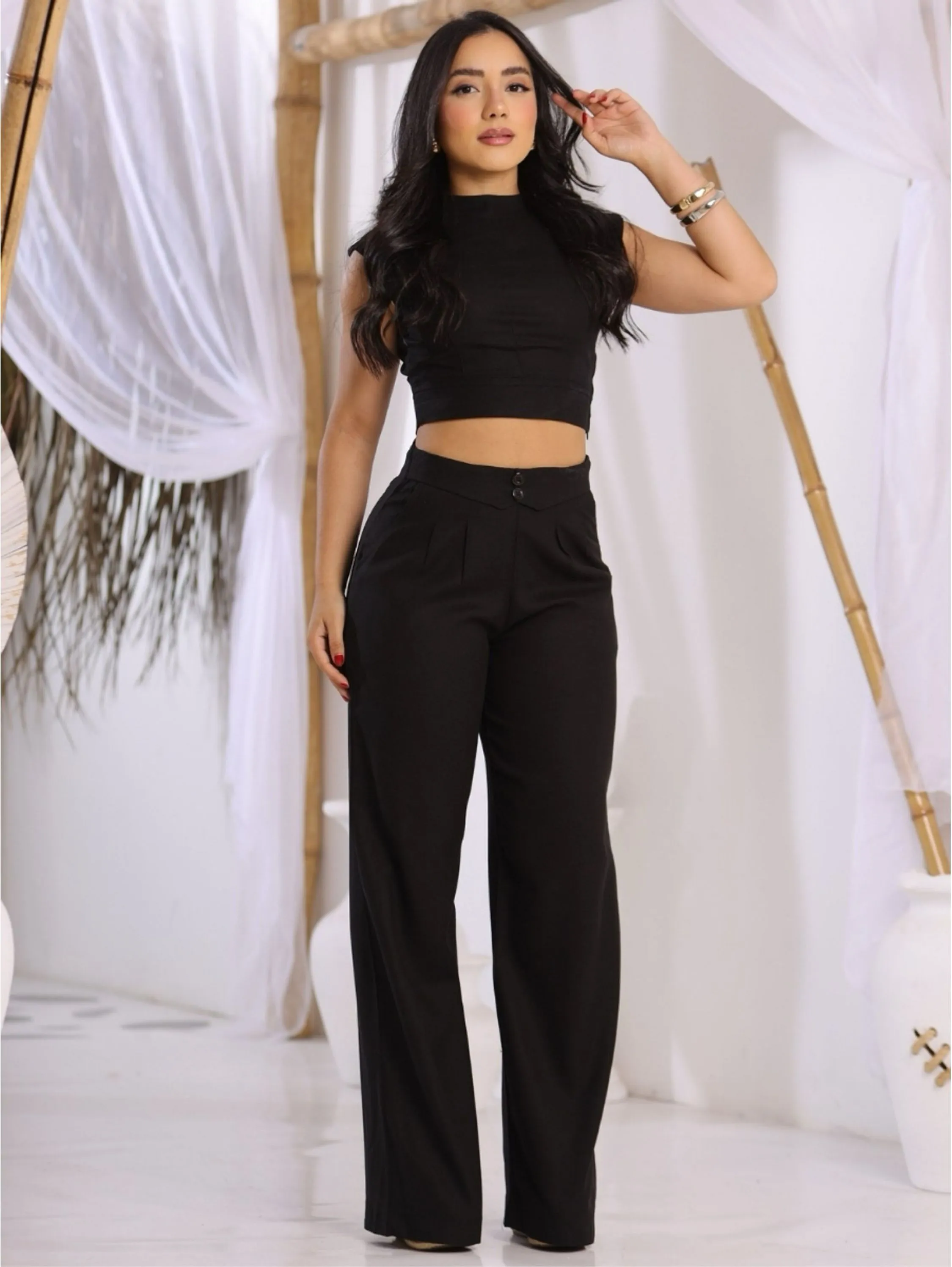 Conjunto em Linho Blusa & Calça Pantalona com Lapela