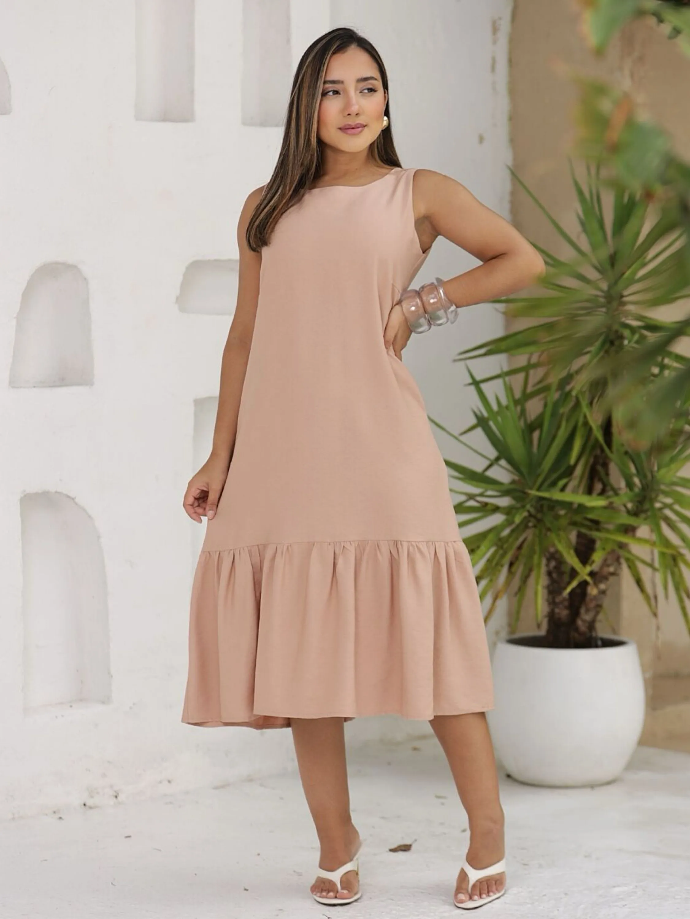 Vestido Midi Babado Elegante Alfaiataria