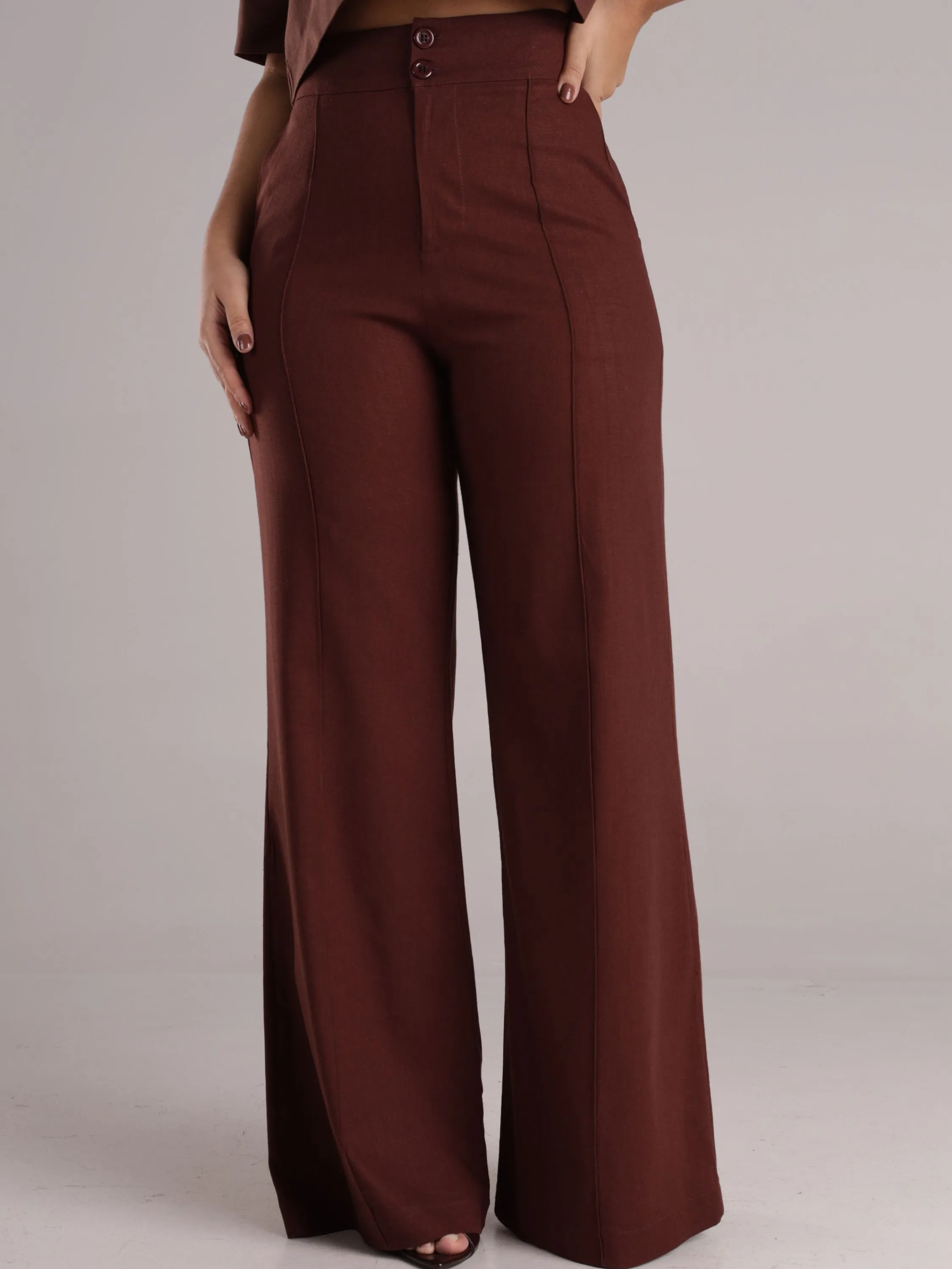 Calça Pantalona Feminina em Linho Cintura Alta Moda Elegante