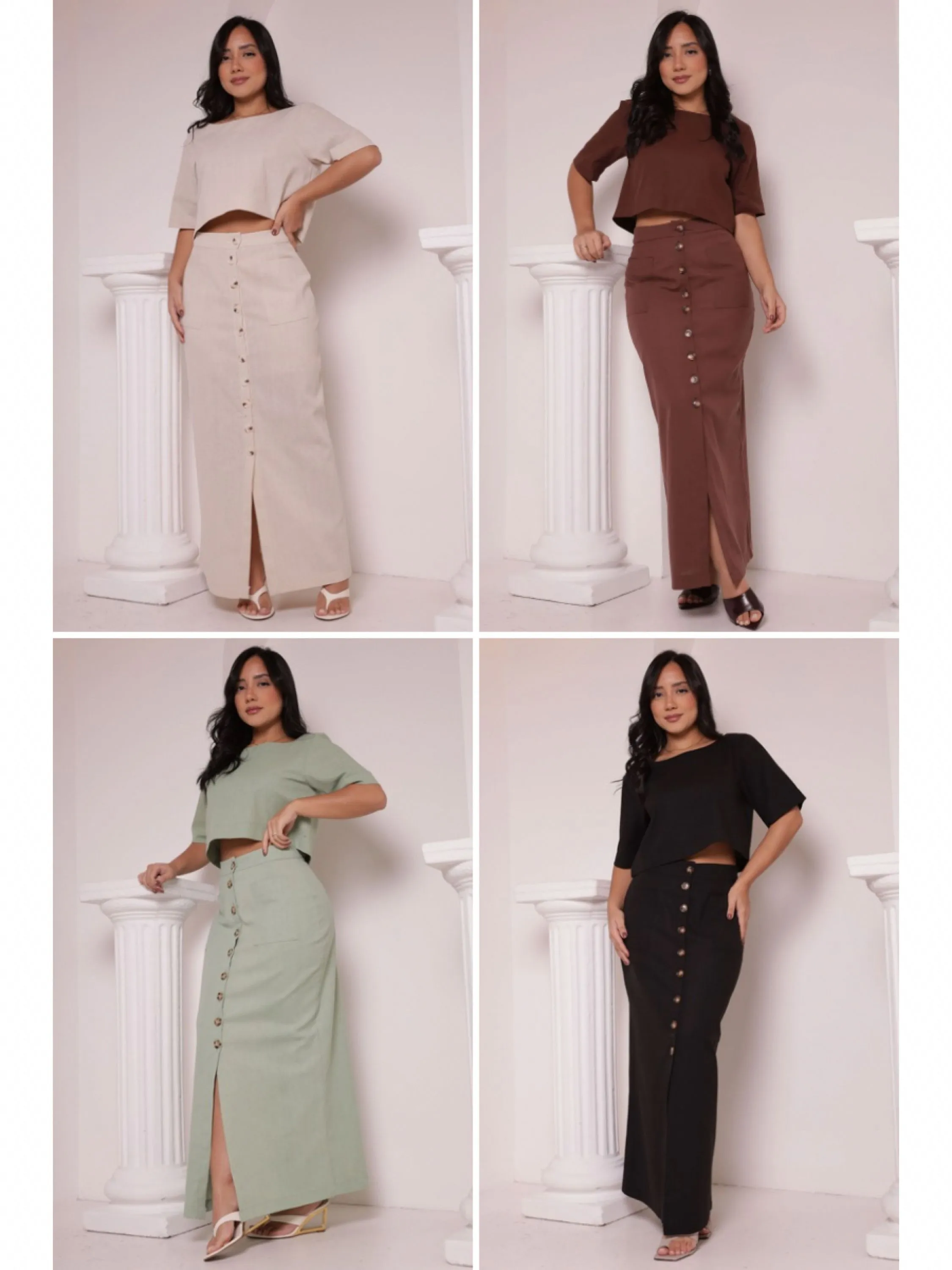 Conjunto Feminino em Linho Blusa e Saia Alongada com Botões