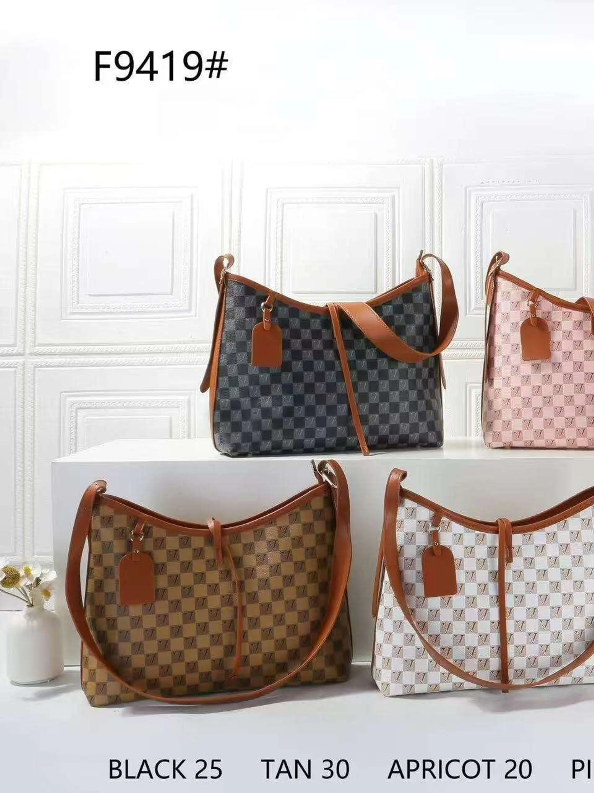 Bolsa sacola elegante com detalhes quadriculados F9419#