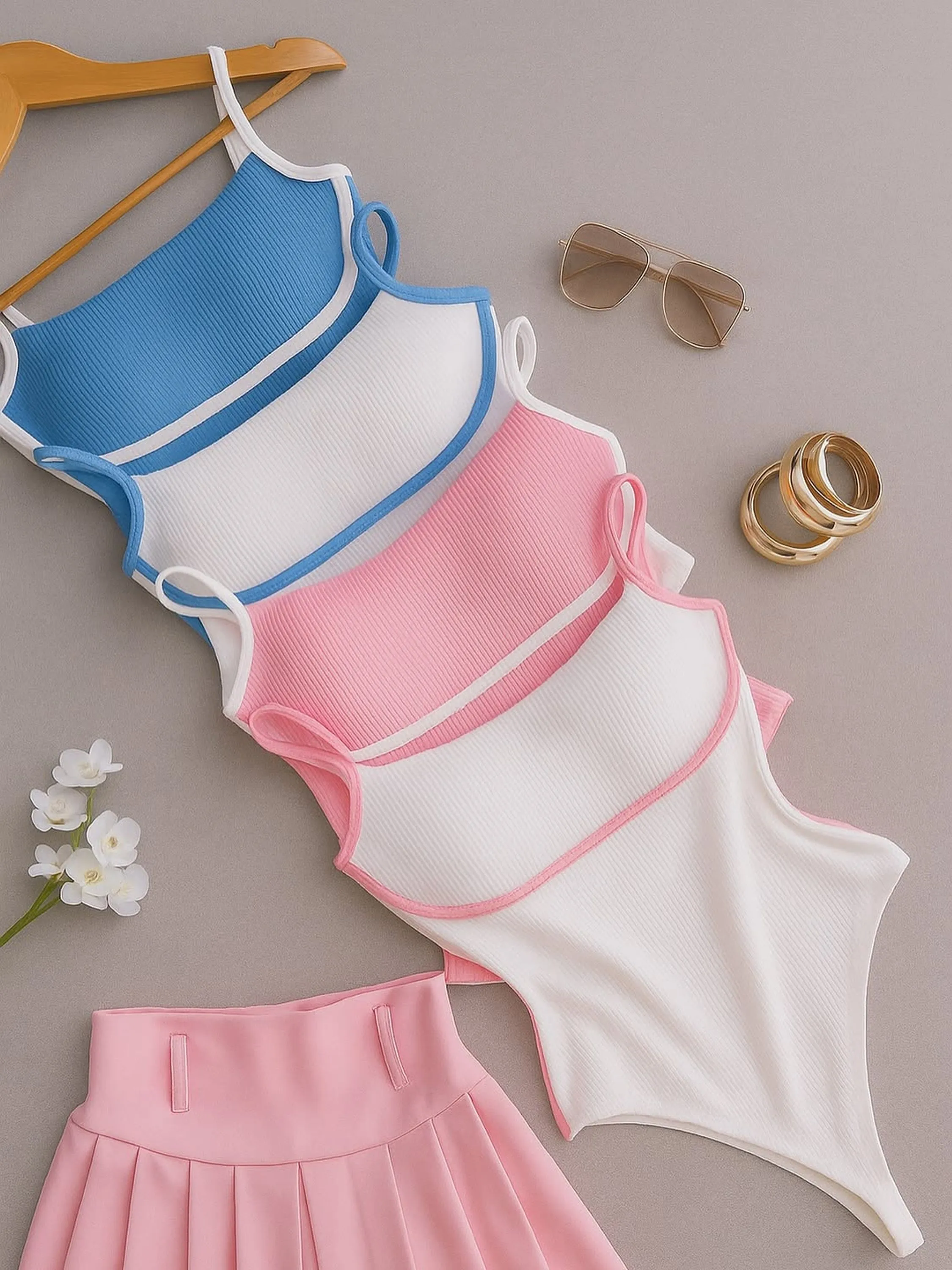 Body Feminino Alça Fina Modelador Anarruga Casual Bicolor