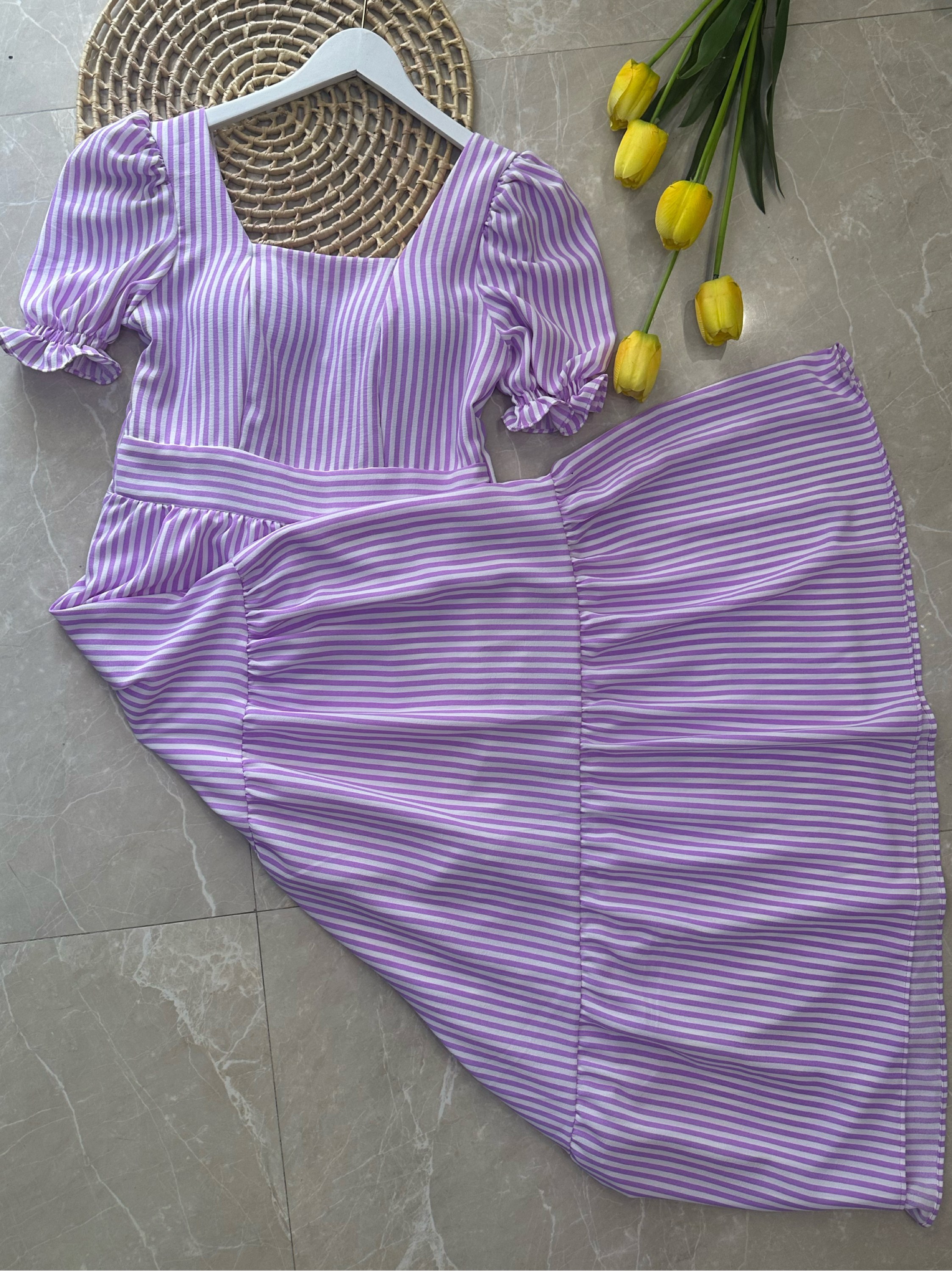 Vestido longo listrado duna com forro Maya modas