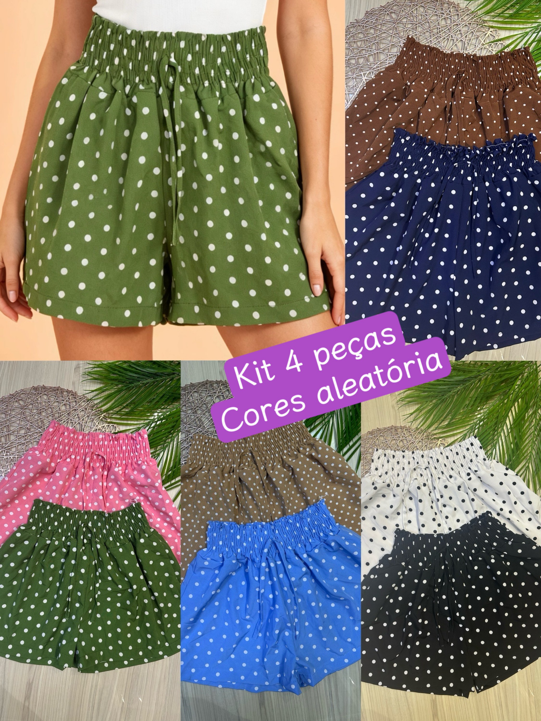 Kit 4 peças Cores aleatória shorts crepinho Maya modas