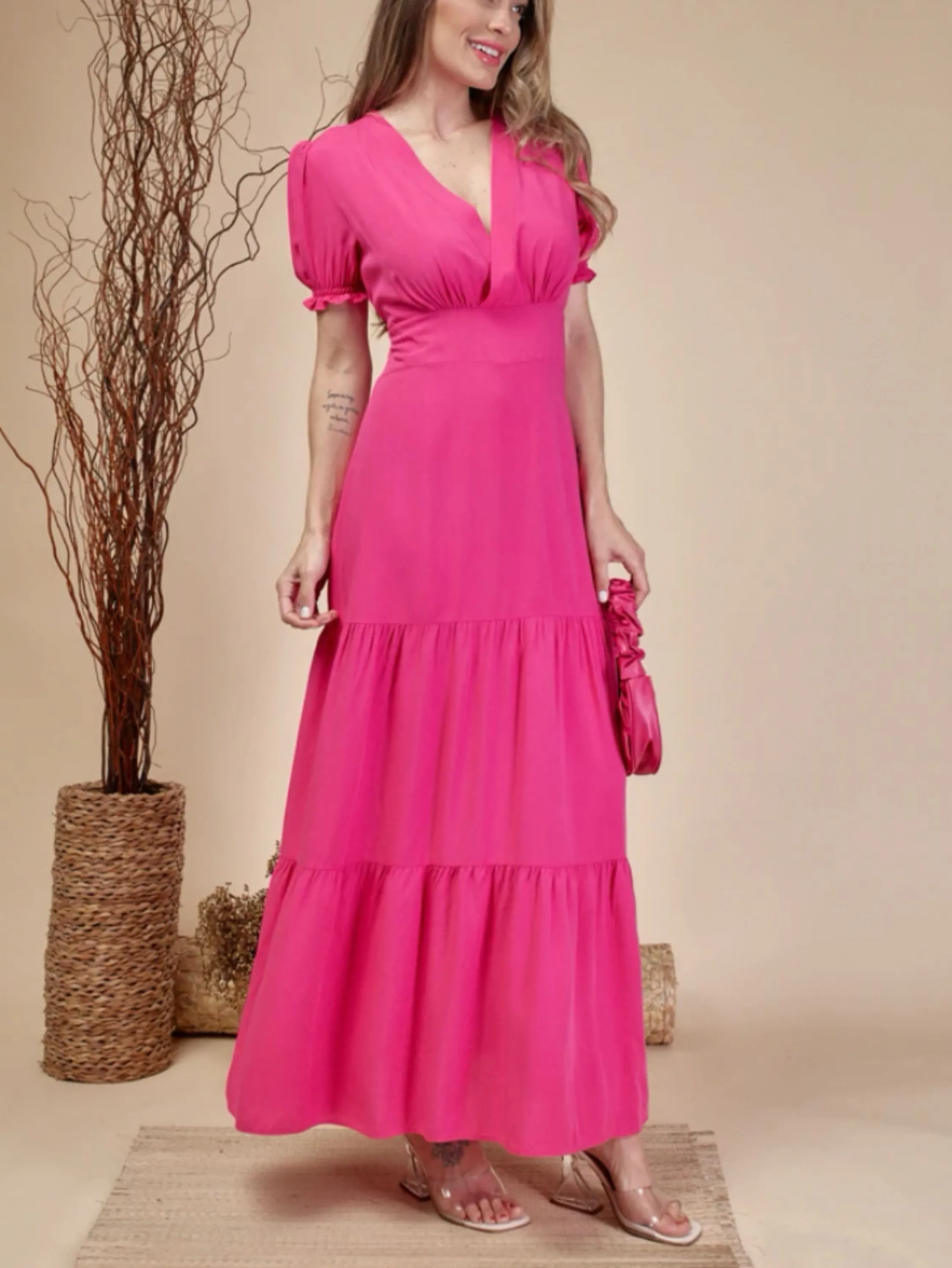 Vestido longo com forro com bojo viscose Maya modas