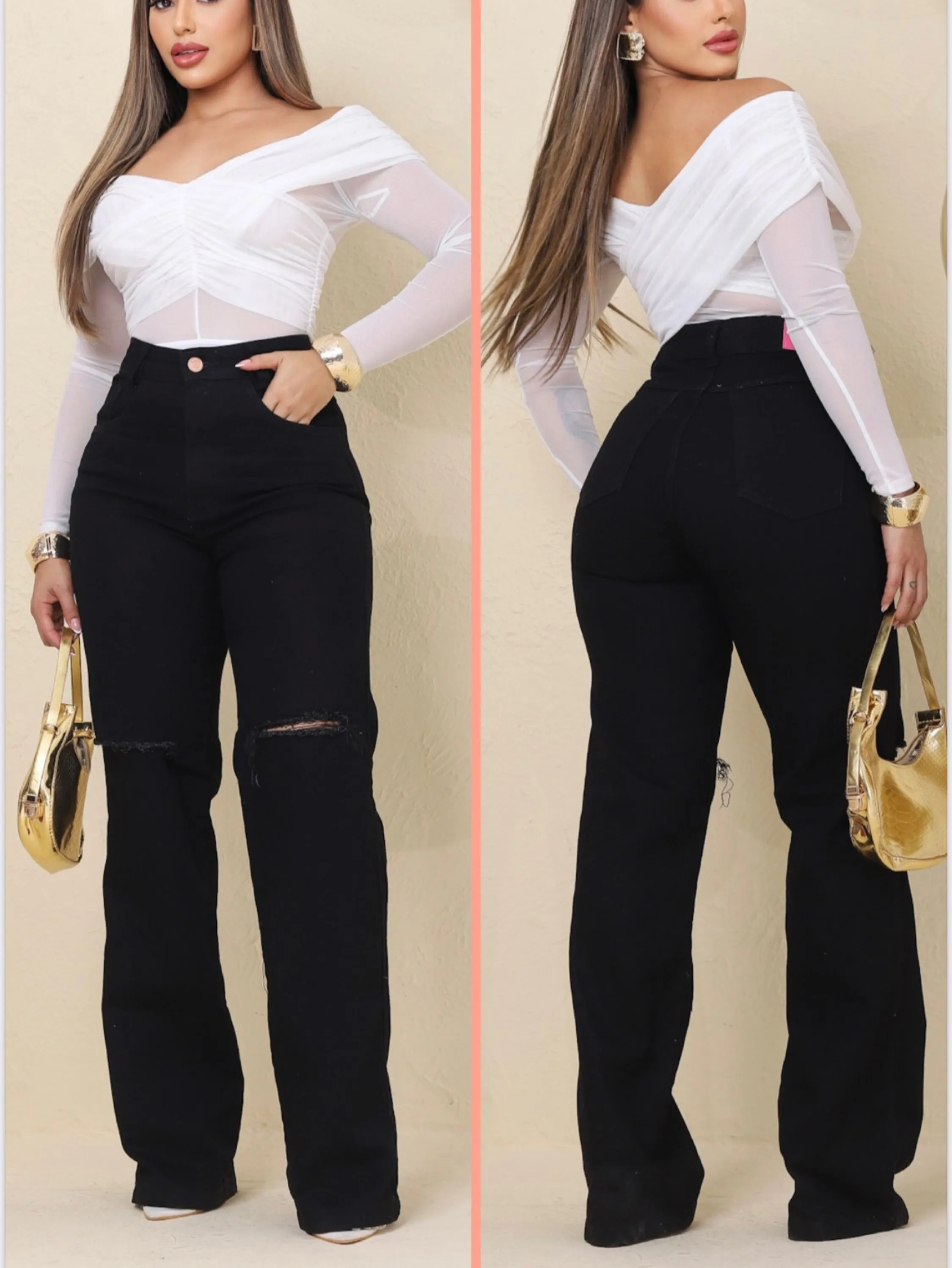 Calça jeans wide leg com lycra rasgada no joelho